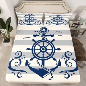 Juego de sábanas bajeras de brújula náutica, tamaño individual, juego de ropa de cama retro con ancla geométrica a rayas para niños, adolescentes y Juego de sábanas bajeras de brújula náutica, tamaño individual, juego de ropa de cama retro con ancla geométrica a rayas para niños, adolescentes y