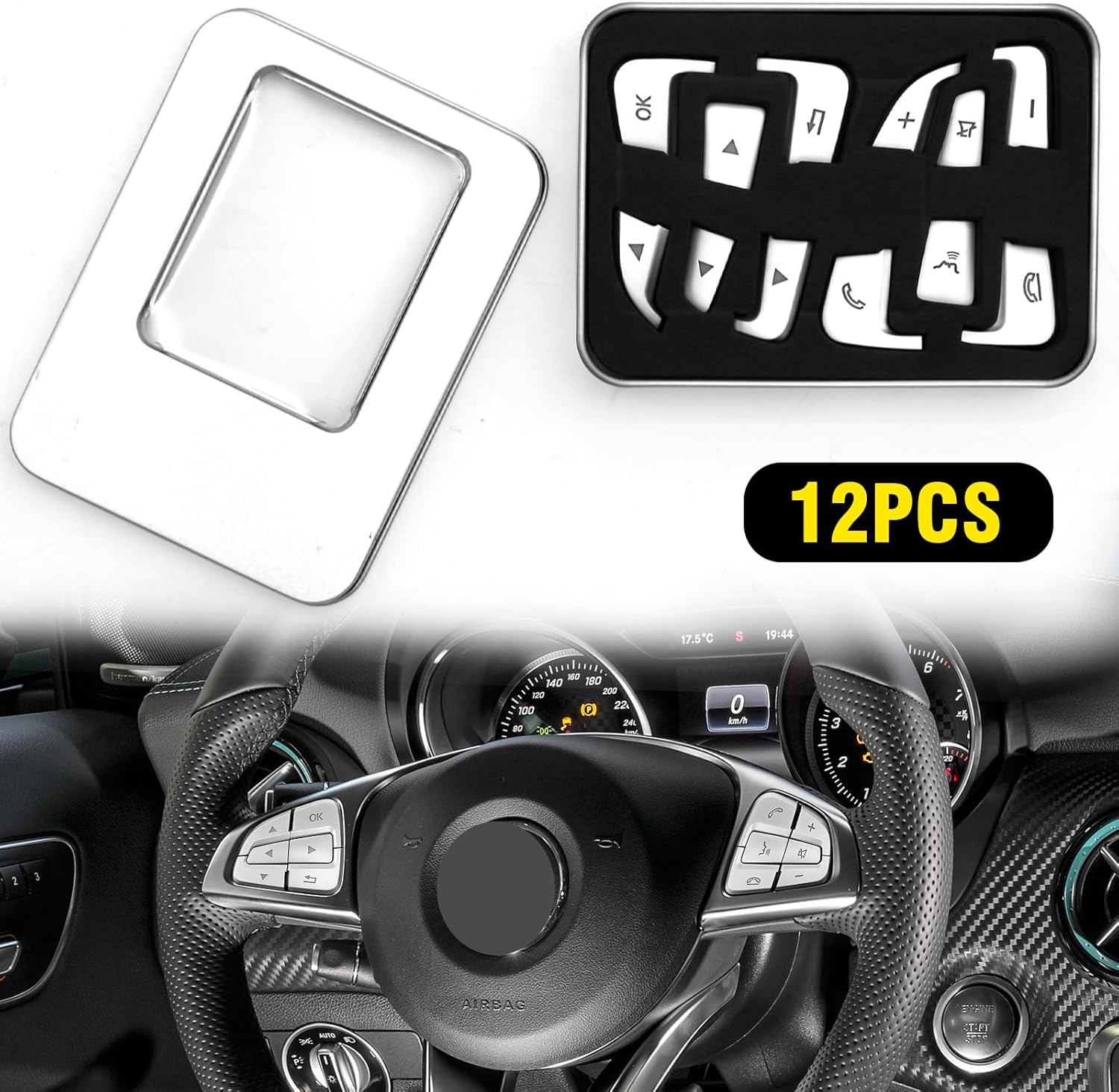 Mercedes Benz – Fundas para botón de volante, 12 unidades, ABS cromados, adhesivos para A B, GLA, CLA, GLS, GLE CLS, SL Class