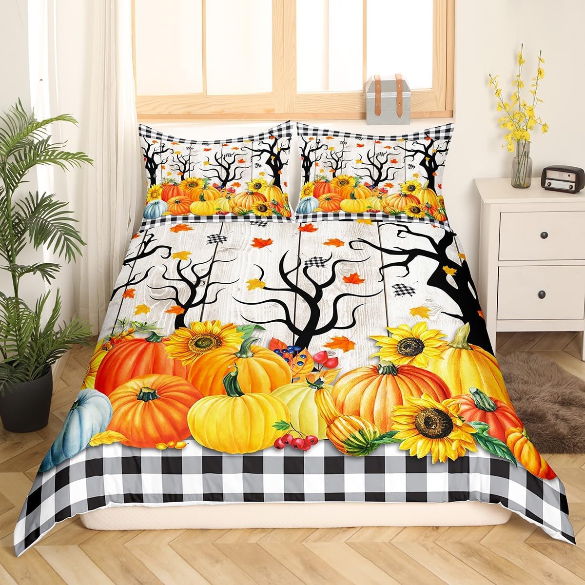 Juego de funda de edredón para niños de cosecha de calabaza de otoño, tamaño King, girasoles y hojas de arce, decoración de habitacióncabaña, funda