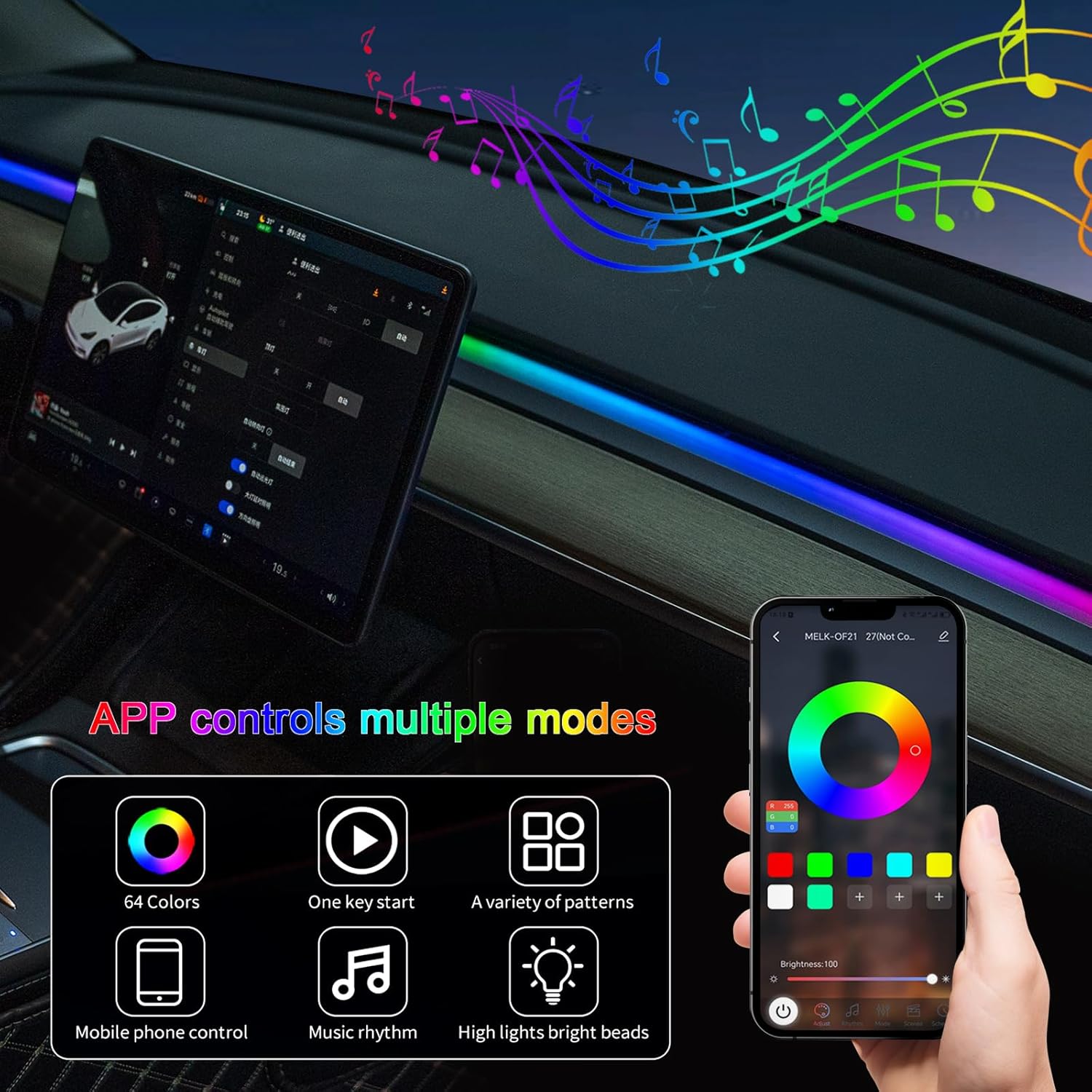 Luces LED de coche interior Dreamcolor RGB iluminación ambiental USB LED tira de luces para coches APP sincronización de música inalámbrica ritmo
