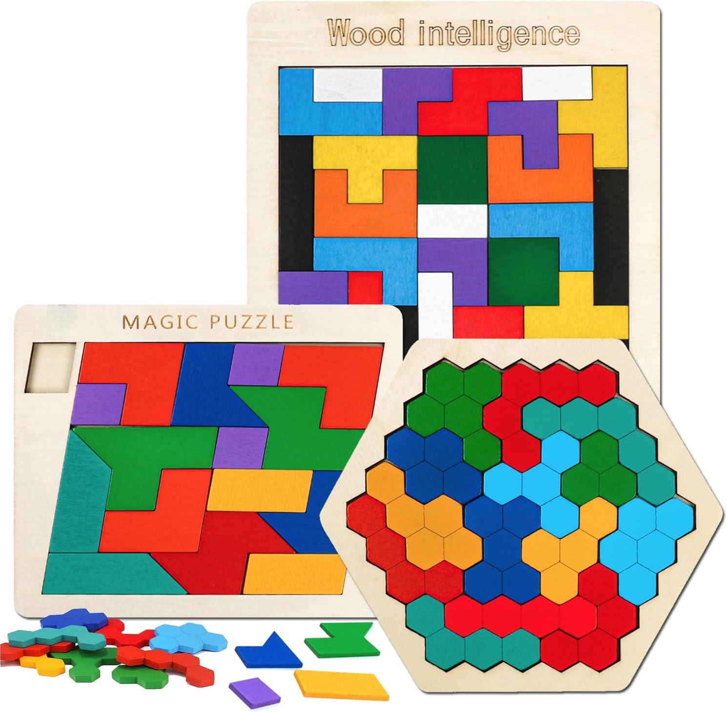 Paquete de 3 rompecabezas de bloques de madera + rompecabezas Tangram + rompecabezas hexagonales, desafío para niños y adultos de todas las edades,