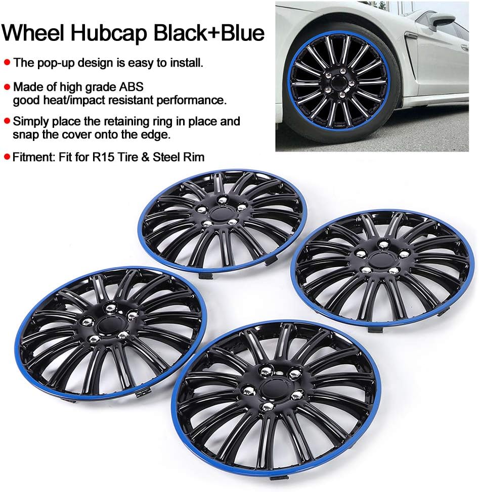 Tapacubos de 15 pulgadas, 4 fundas de rueda tipo a presión, color negro y azul, cubierta de llanta para neumáticos R15 y llantas de acero, tapa