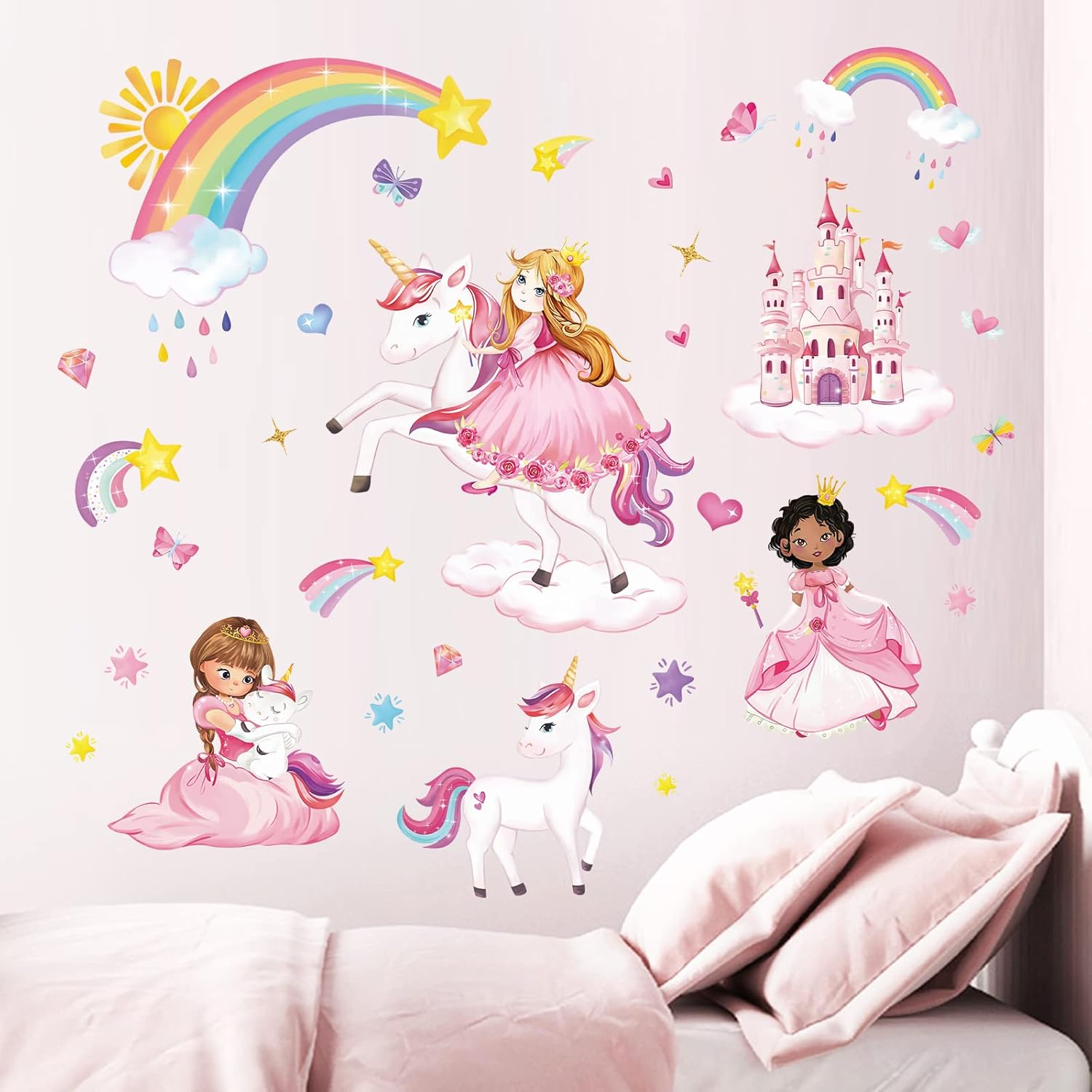 wondever Calcomanías de pared de unicornio de princesa, castillo, arco iris, calcomanías de arte de pared para dormitorio de niñas, habitación de