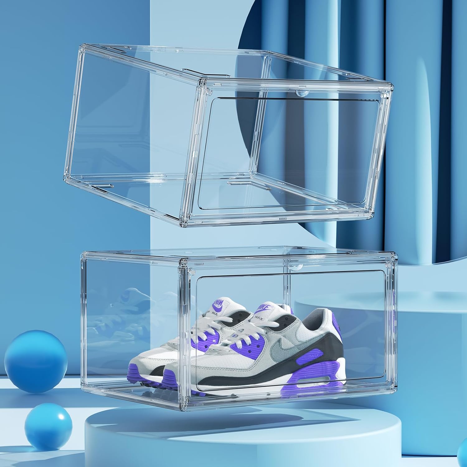 Cajas de zapatos transparentes de acrílico, cajas apilables para zapatos deportivos de alta gama, caja de exhibición 360 totalmente transparente con