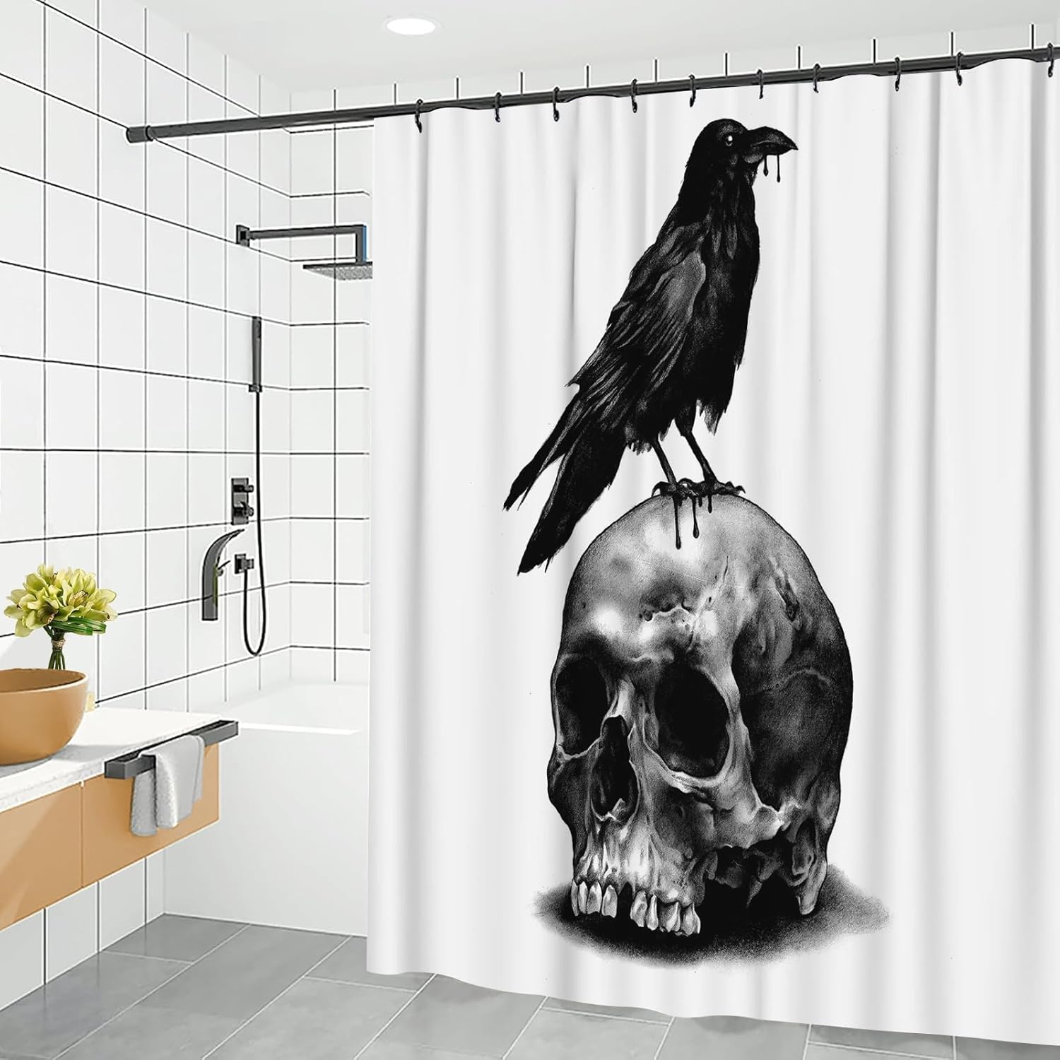 JOOCAR Cortina de ducha de calavera de Halloween, diseño de esqueleto aterrador de terror, decoración de baño de Halloween, juego de cortina de