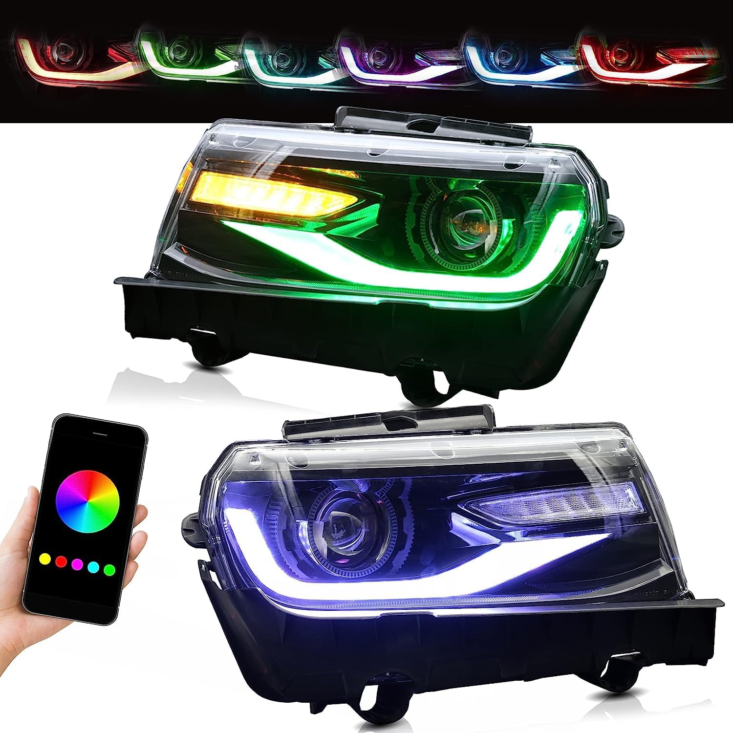 VLAND Conjunto de faros delanteros multicolor para Chevy Camaro 2014 2015 5 generación, luz frontal LED RGB con señal de giro secuencial, con lente