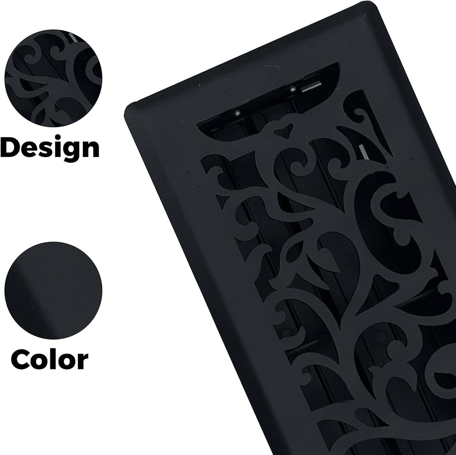 Precision Flow Registro de piso de acero de 4 x 12 pulgadas, diseño floral, acabado negro de hierro fundido, cubiertas de ventilación prémium para