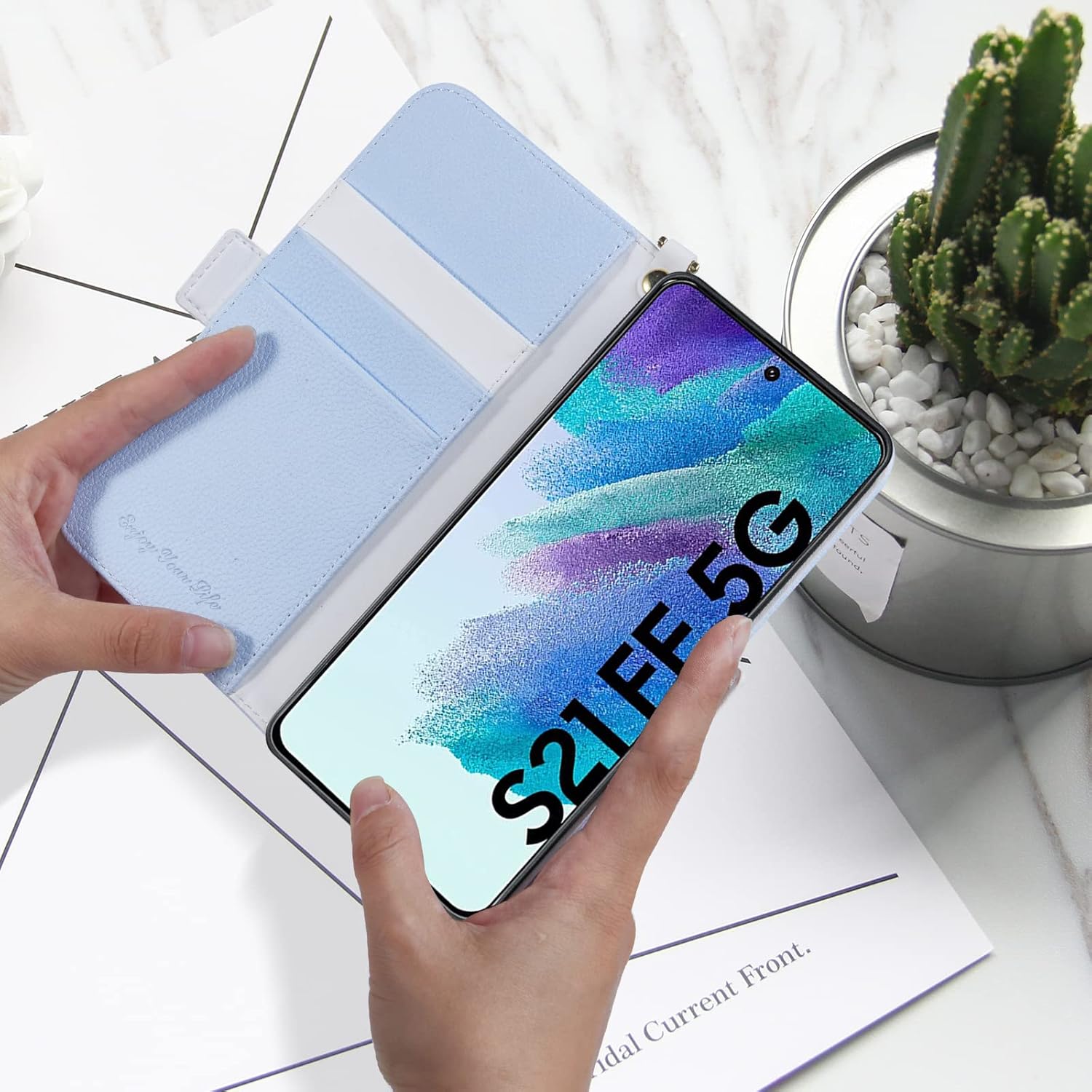 Funda para Galaxy S21 FE 5G de 6.4 pulgadas, funda tipo cartera de piel sintética, funda tipo cartera con tapa para libro a prueba de golpes, TPU de