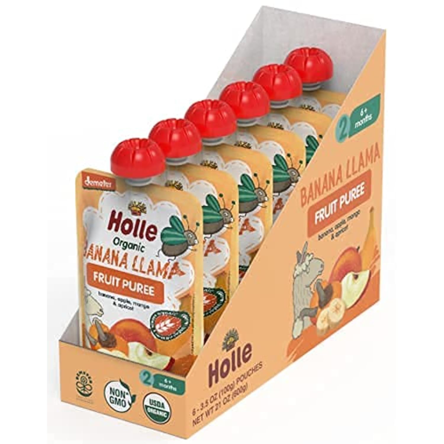 Holle Bolsas orgánicas de comida para bebés, puré de plátano y llama para bebés con plátano, manzana, mango y albaricoque, (paquete de 6) bocadillos