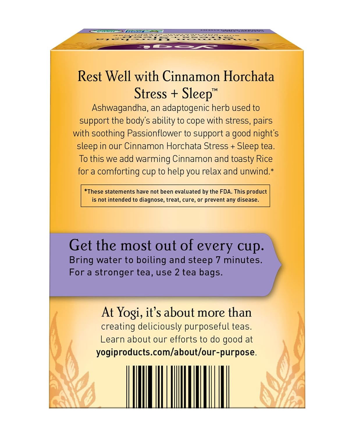 Yogi Tea Cinnamon Horchata Stress + Sleep – Té de hierbas sin cafeína, certificado orgánico por USDA, sin OMG, 16 bolsas de té (paquete de 6)