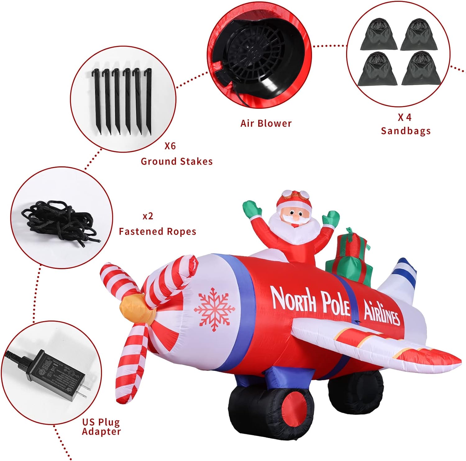Inflables de Navidad de 8 pies, decoraciones al aire libre, avión polar volador gigante de Papá Noel con regalos, decoraciones inflables iluminadas