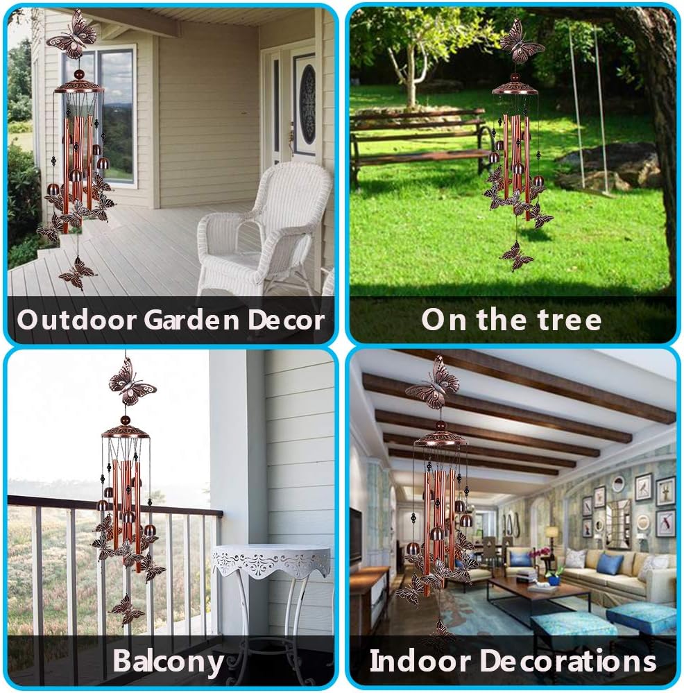 Campanillas de viento de mariposa para decoración al aire libre, con 4 tubos, 6 campanas, 7 mariposas de 36 pulgadas, impermeables, móviles,