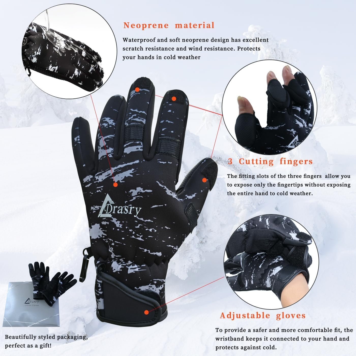 Drasry Guantes de pesca de neopreno para pantalla táctil, 3 dedos cortados, cálidos y fríos, impermeables, adecuados para hombres y mujeres, pesca
