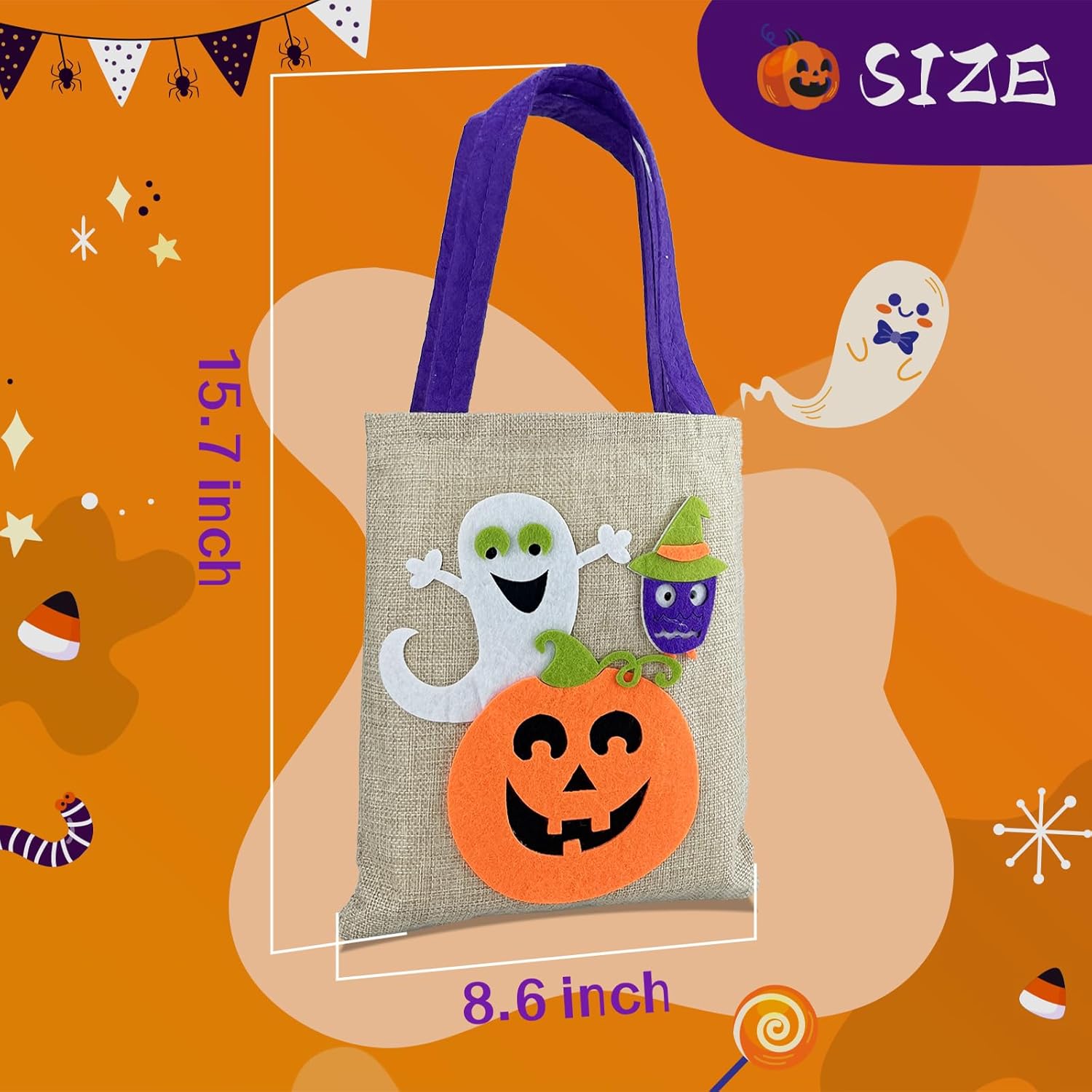 YJUBAOA Paquete de 8 bolsas de golosinas de Halloween con asas para dulce o truco, bolsas de arpillera para fiesta, bolsas pequeñas reutilizables de