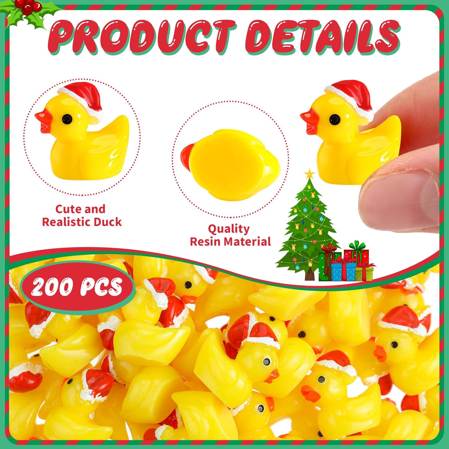 Fumete 200 piezas de mini patos de resina de Navidad, pequeñas figuras de pato en miniatura, sombrero de Navidad, pato, micro paisaje, jardín,
