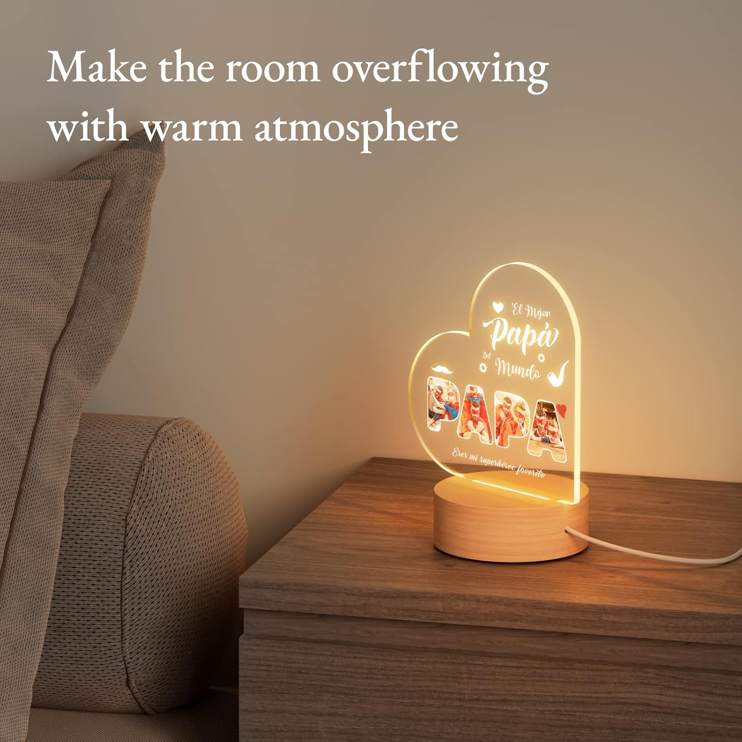 Bemaystar Regalos para papá, regalos personalizados para el día del padre de hija, hijo, esposa, luz nocturna LED acrílica con imagen, regalos para