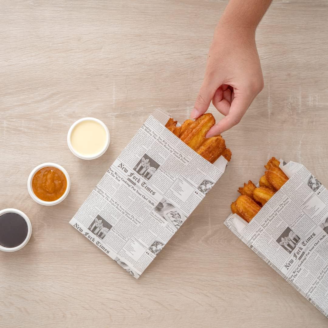 Restaurantware Bag Tek Newsprint Paper French FrySnack Bag – 5″ x 3″ x 8 34″ – Caja de 100 unidades