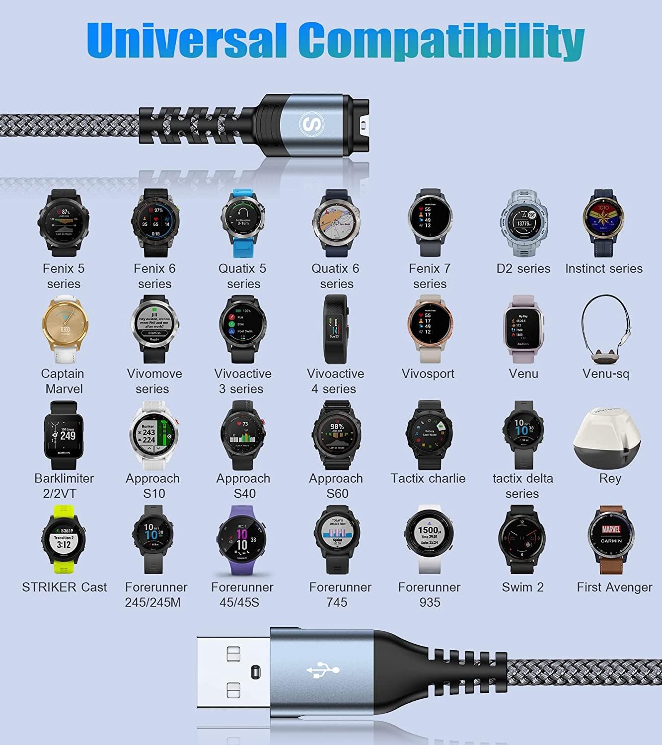 sweguard Cable de carga Garmin Watch de 4 pies compatible con Garmin Fenix 5 5S 5X 6 6S 6X Plus Pro 7 7S 7X, Forerunner 945 45 45S 245 Music,