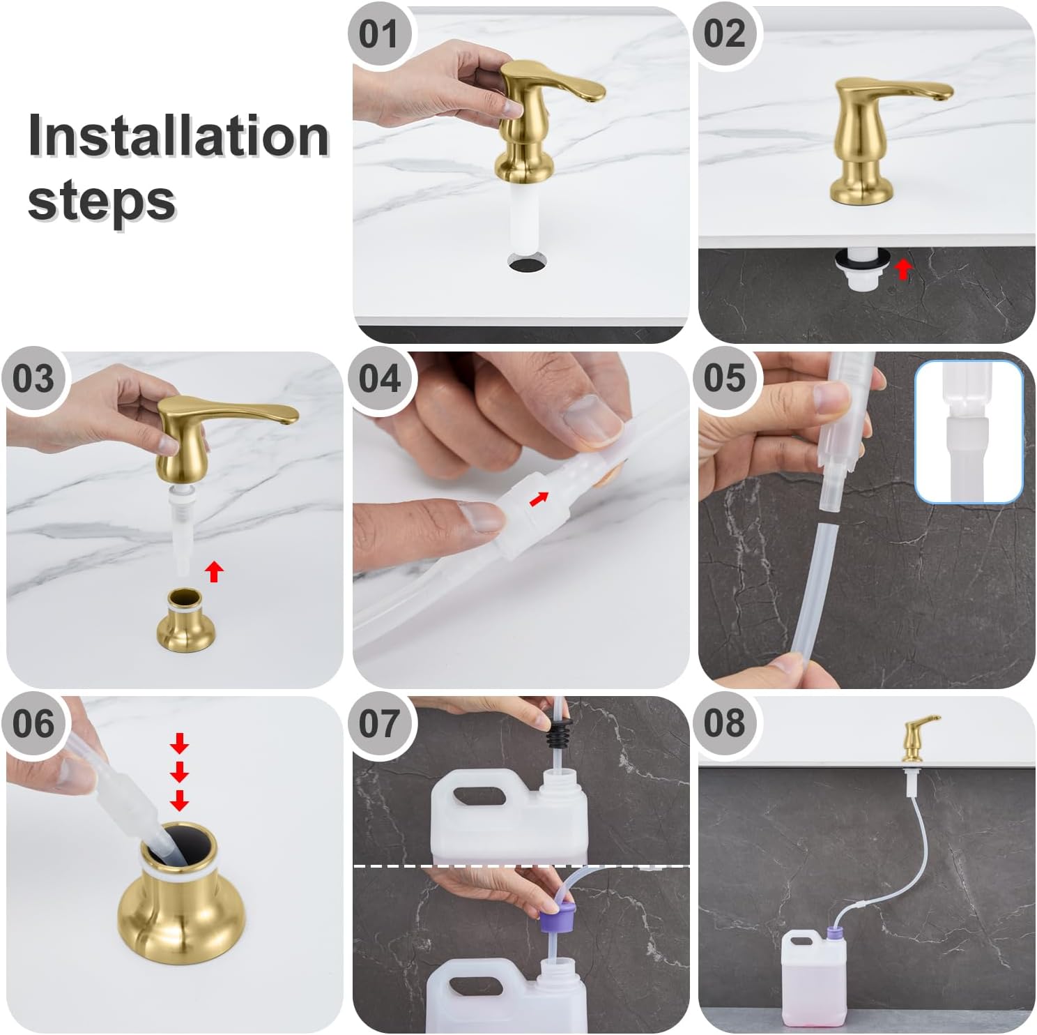 GAGALIFE Dispensador de jabón para fregadero de cocina, dorado cepillado, dispensador de jabón debajo del fregadero con kit de tubo de extensión de
