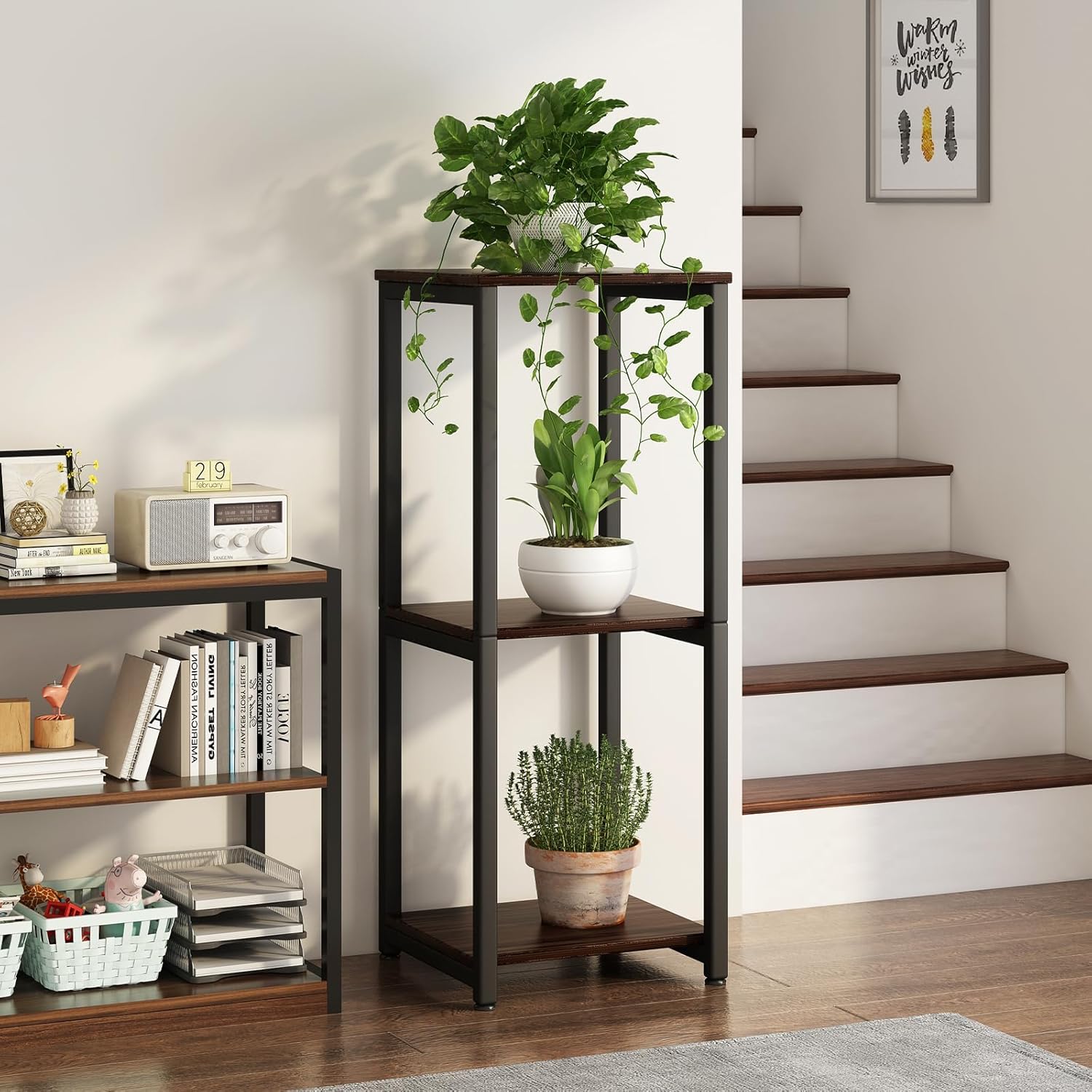 Soporte para plantas de interior de 3 niveles de alto, de metal, para almacenamiento de plantas, múltiples para sala de estar, balcón, jardín, roble