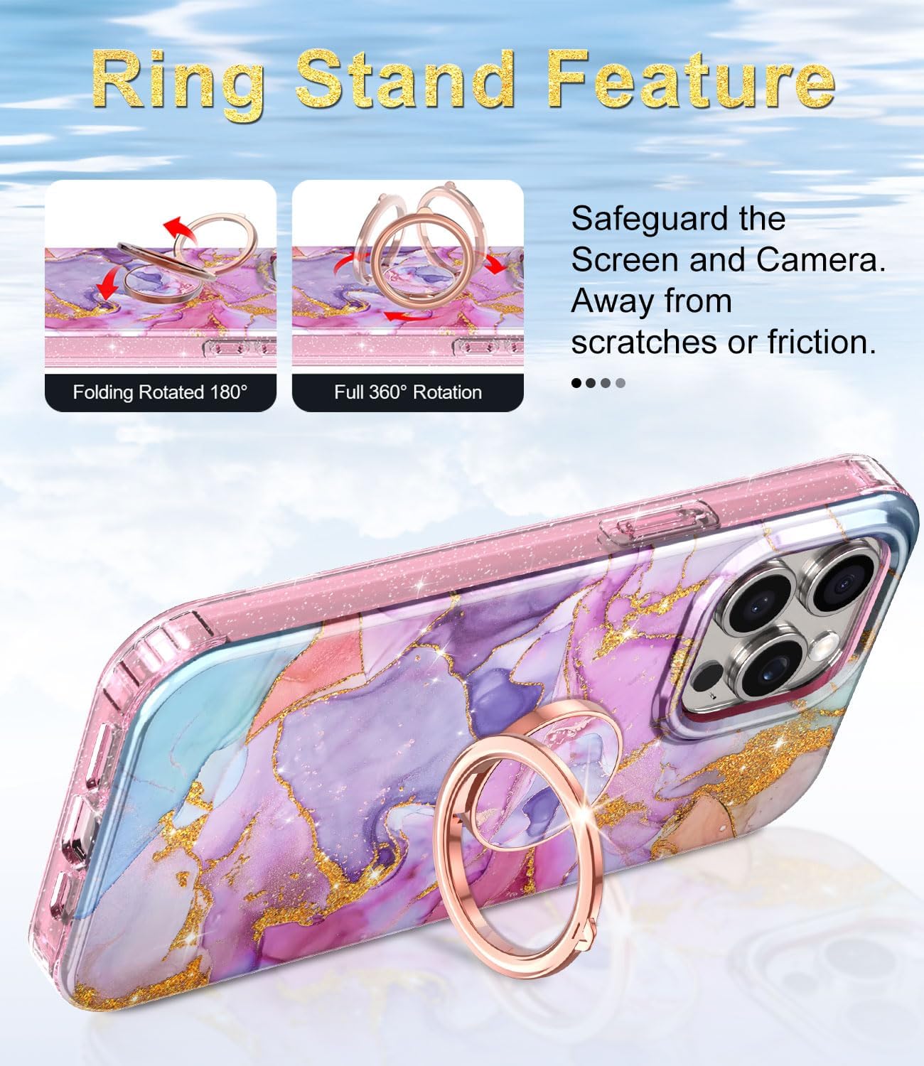 Btscase Funda para iPhone 15 Pro Max de 6.7 pulgadas, protector de pantalla integrado con soporte de anillo de 360, cuerpo completo de doble capa