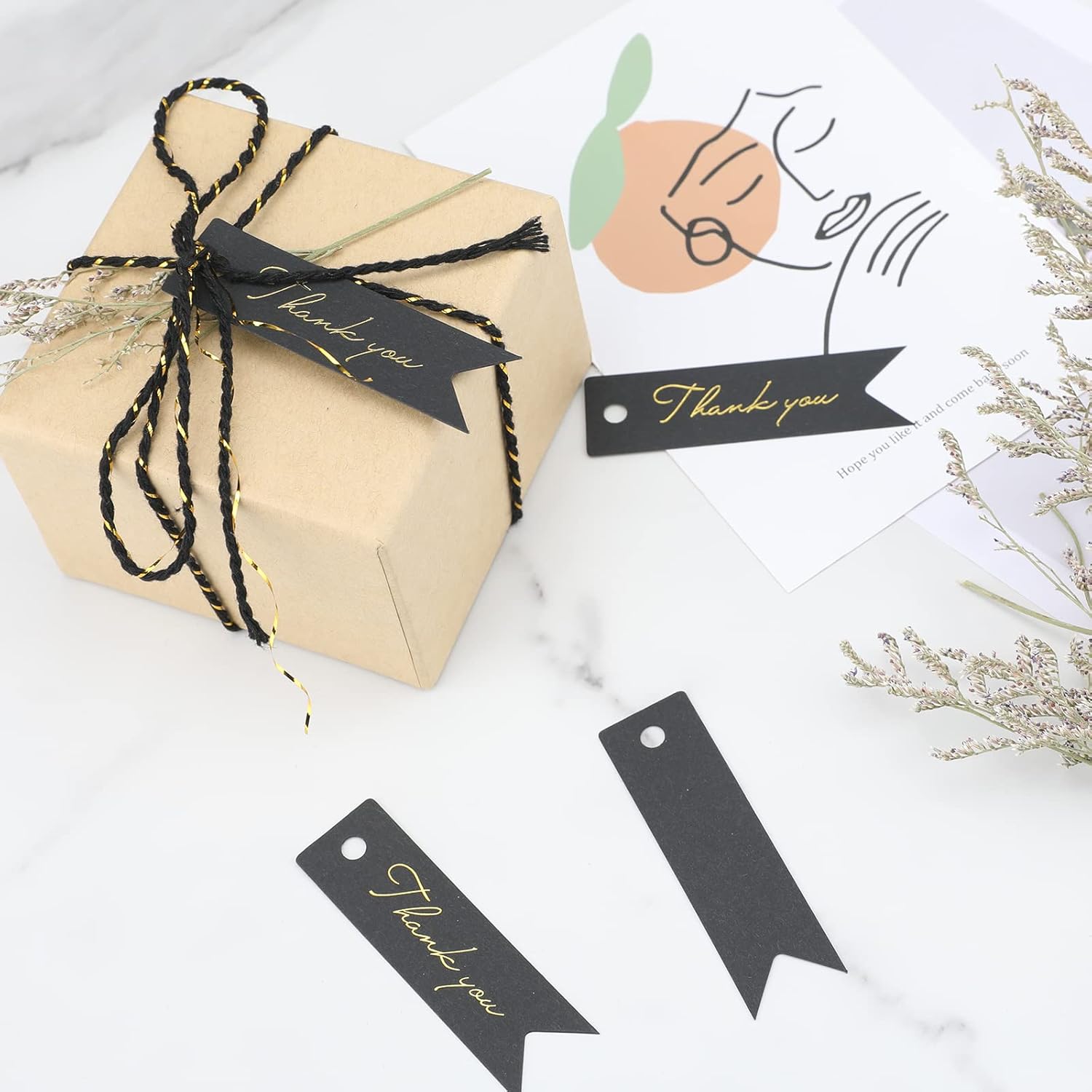 joycraft Etiquetas de regalo de agradecimiento con cuerda, 100 mini etiquetas colgantes de papel dorado de aluminio, etiquetas de agradecimiento