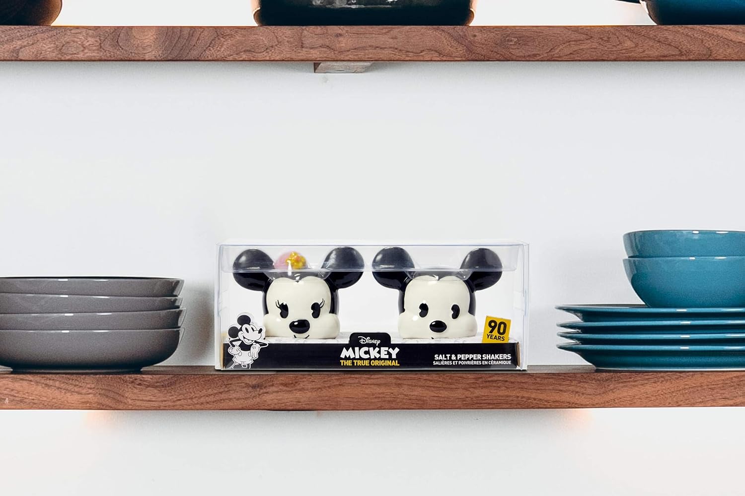 Disney Mickey y Minnie Mouse – Juego de salero y pimentero de cerámica, diseño clásico vintage del 90 aniversario, decoración oficial de Disney para