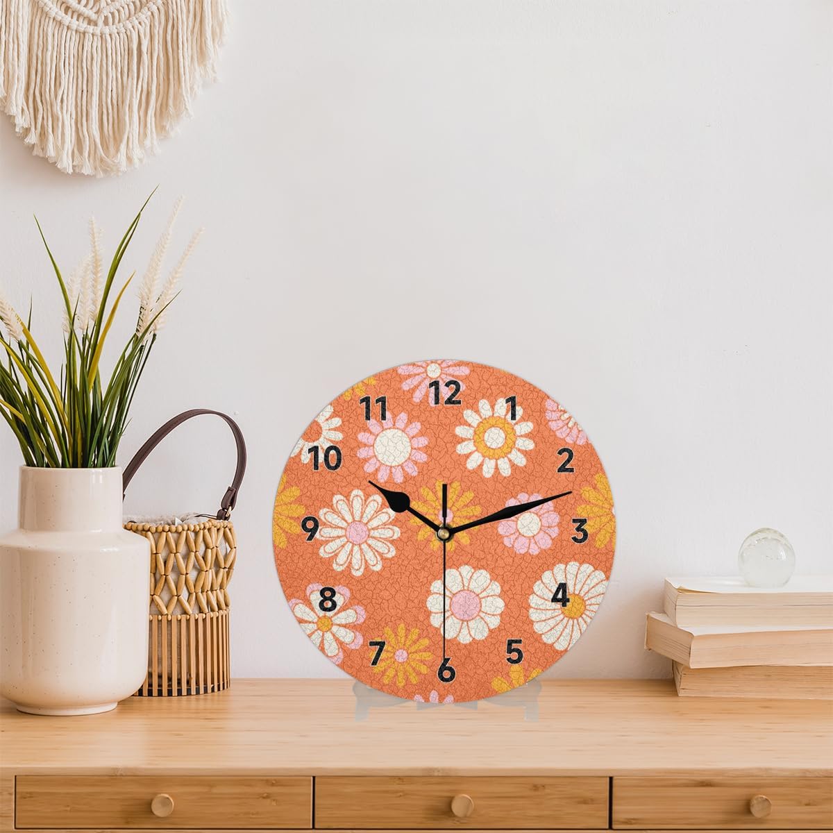 POFATO Reloj de pared naranja con flor de sol, sin tictac, silencioso, redondo, funciona con pilas, decoración moderna del hogar para sala de estar,