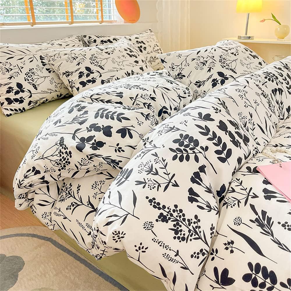 Wellboo Juego de edredón botánico tamaño King, ropa de cama floral en blanco y negro, colcha de algodón para niñas y mujeres, ropa de cama bohemia