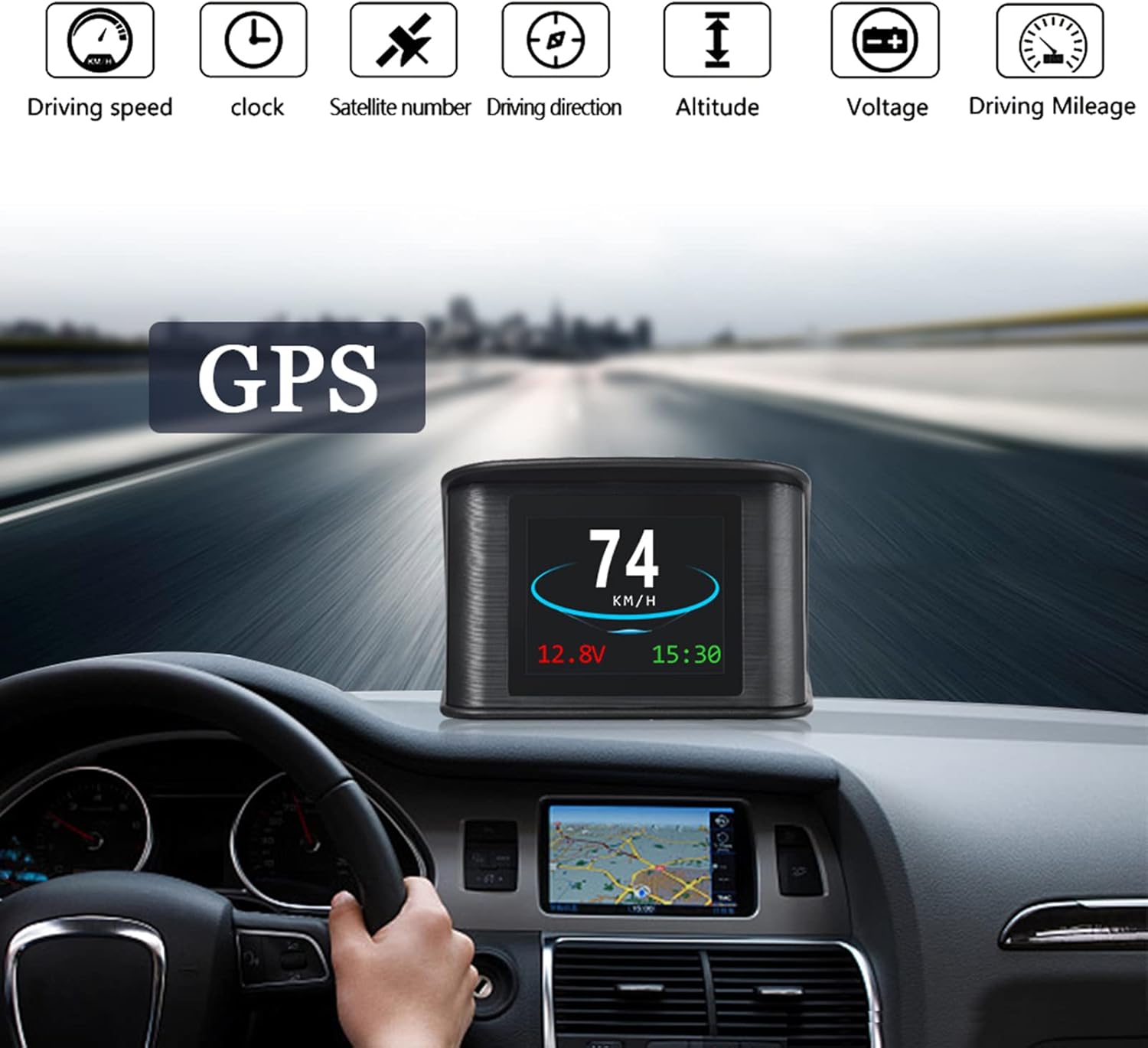 Pantalla frontal inteligente, pantalla universal GPS de 2.2 pulgadas con pantalla de velocidad, altitud, voltaje, reloj y más alarma de