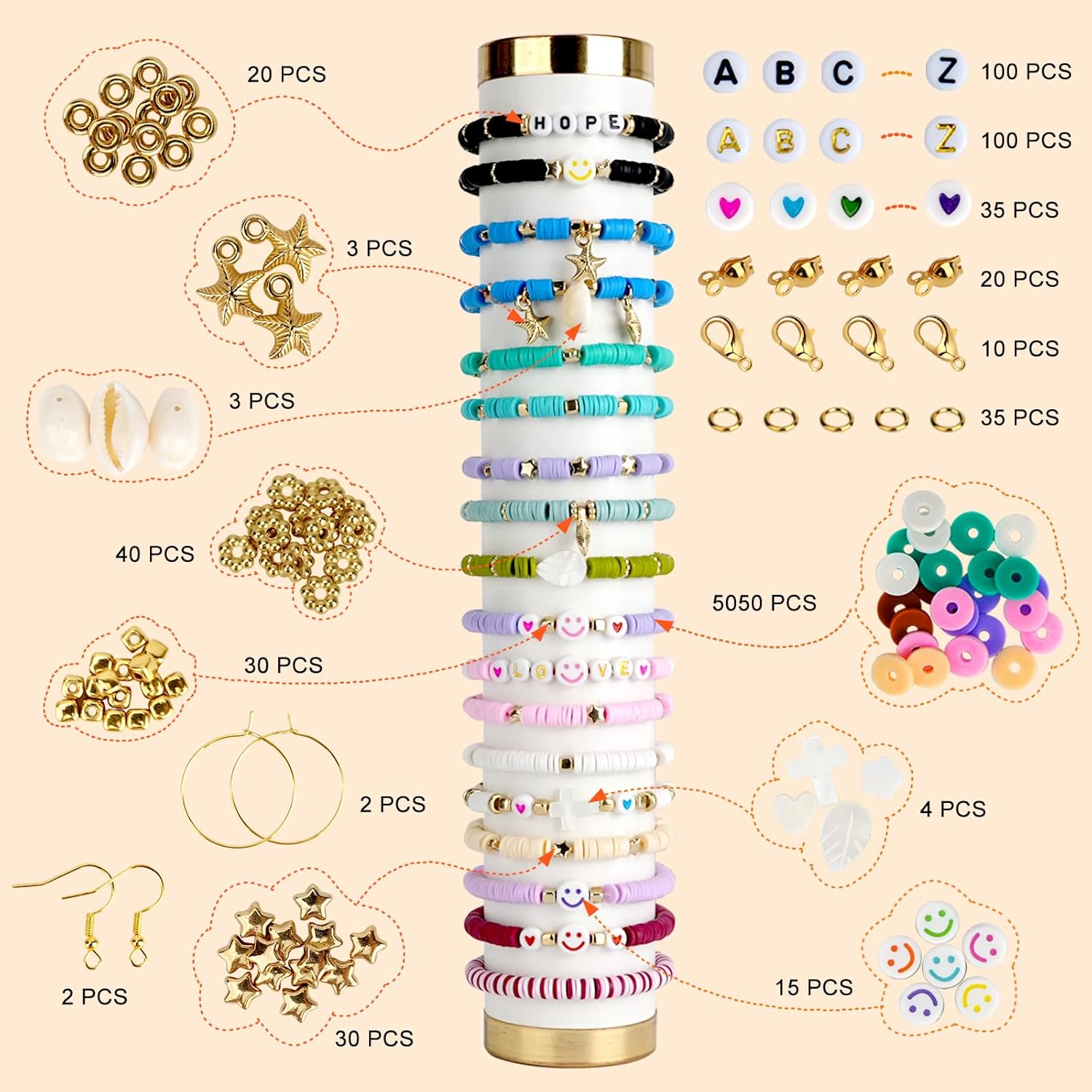 JQEEYGV 5500 cuentas de arcilla kit de fabricación de pulseras de amistad, 24 colores, cuentas de arcilla planas de polímero estilo universitario