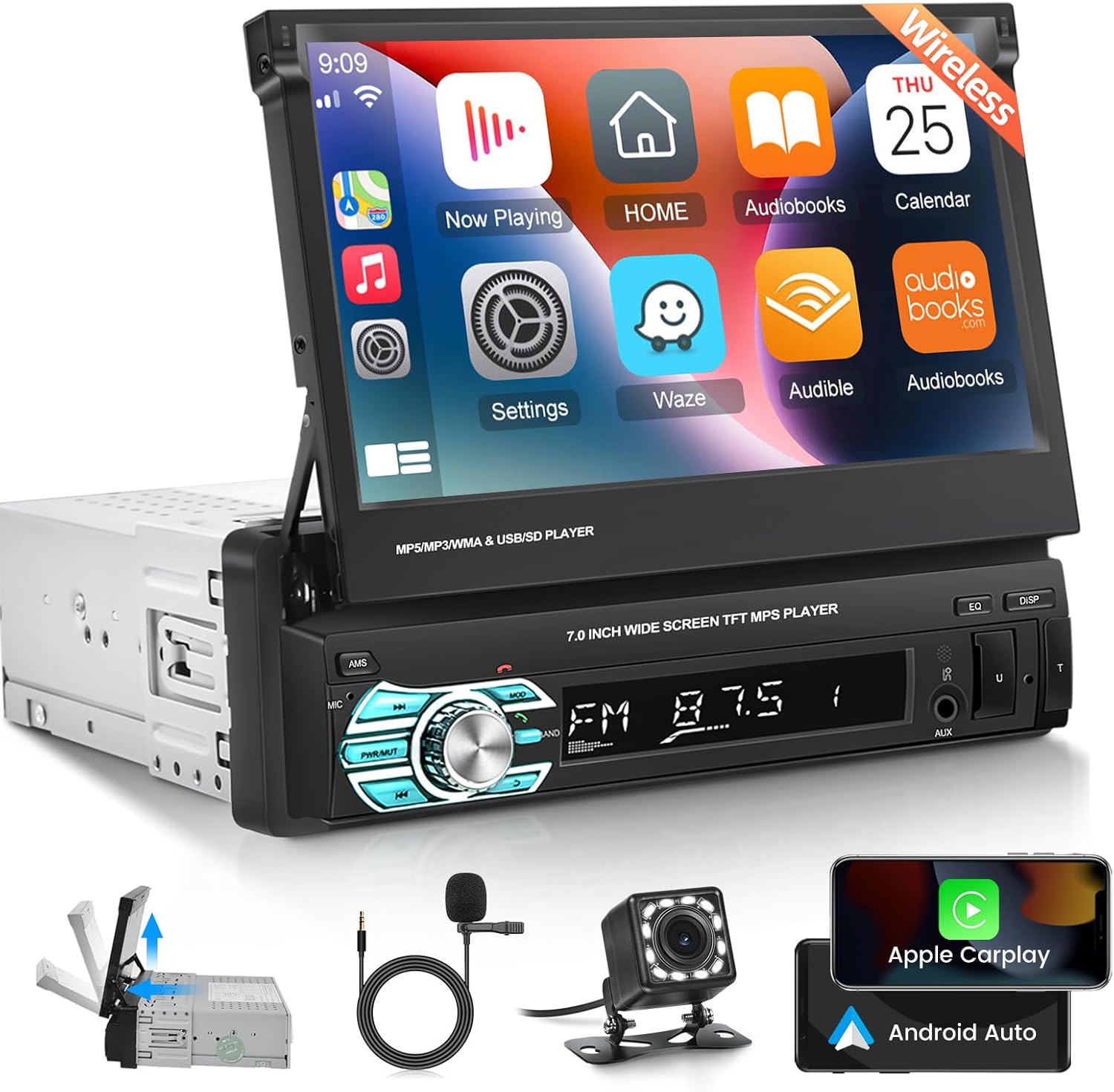 Radio de coche de un solo DIN con Bluetooth, Carplay inalámbrico y Android Auto, pantalla abatible de 7 pulgadas, soporte estéreo retráctil para