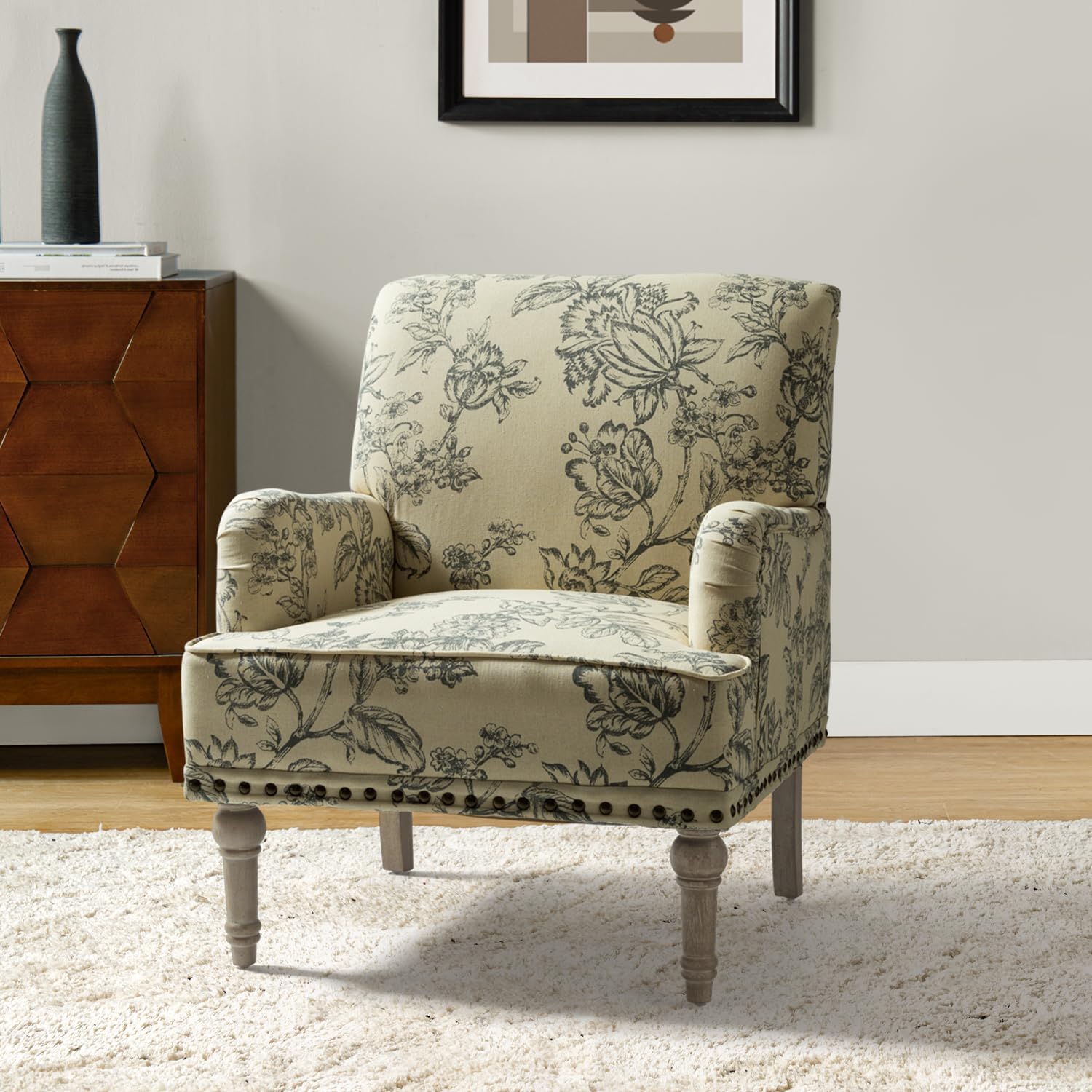 HULALA HOME Sillón moderno con patas de madera y ribete de cabeza de clavo, cómoda silla decorativa tapizada para sala de estar y dormitorio