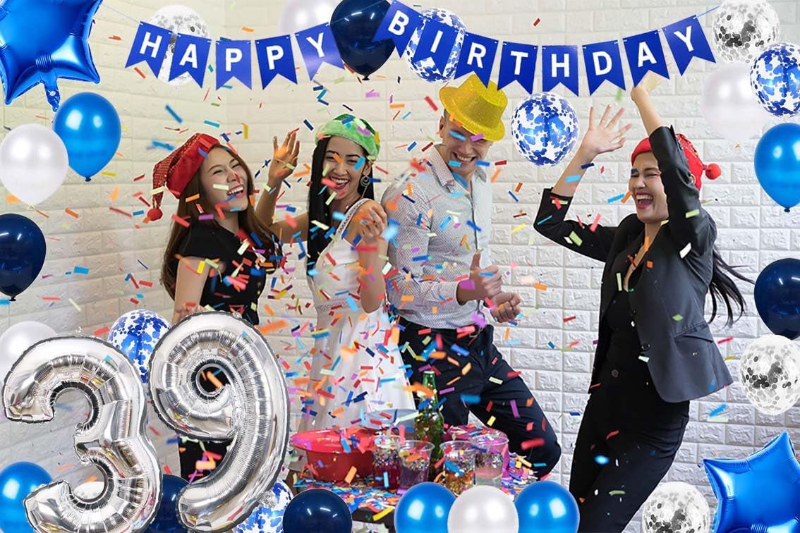 Decoración de fiesta de cumpleaños número 39, globos de látex de papel de aluminio con estrella de cumpleaños número 39, globos de látex de confeti