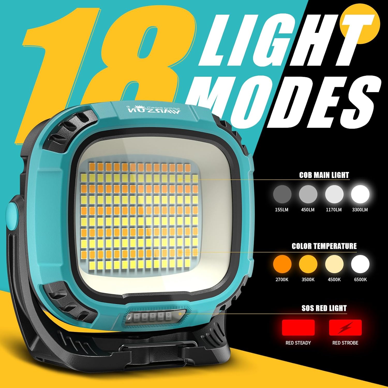 WARSUN Luz de trabajo recargable LED, luz de inundación portátil COB de 3300 lúmenes, luz de trabajo magnética giratoria de 180, luz mecánica con