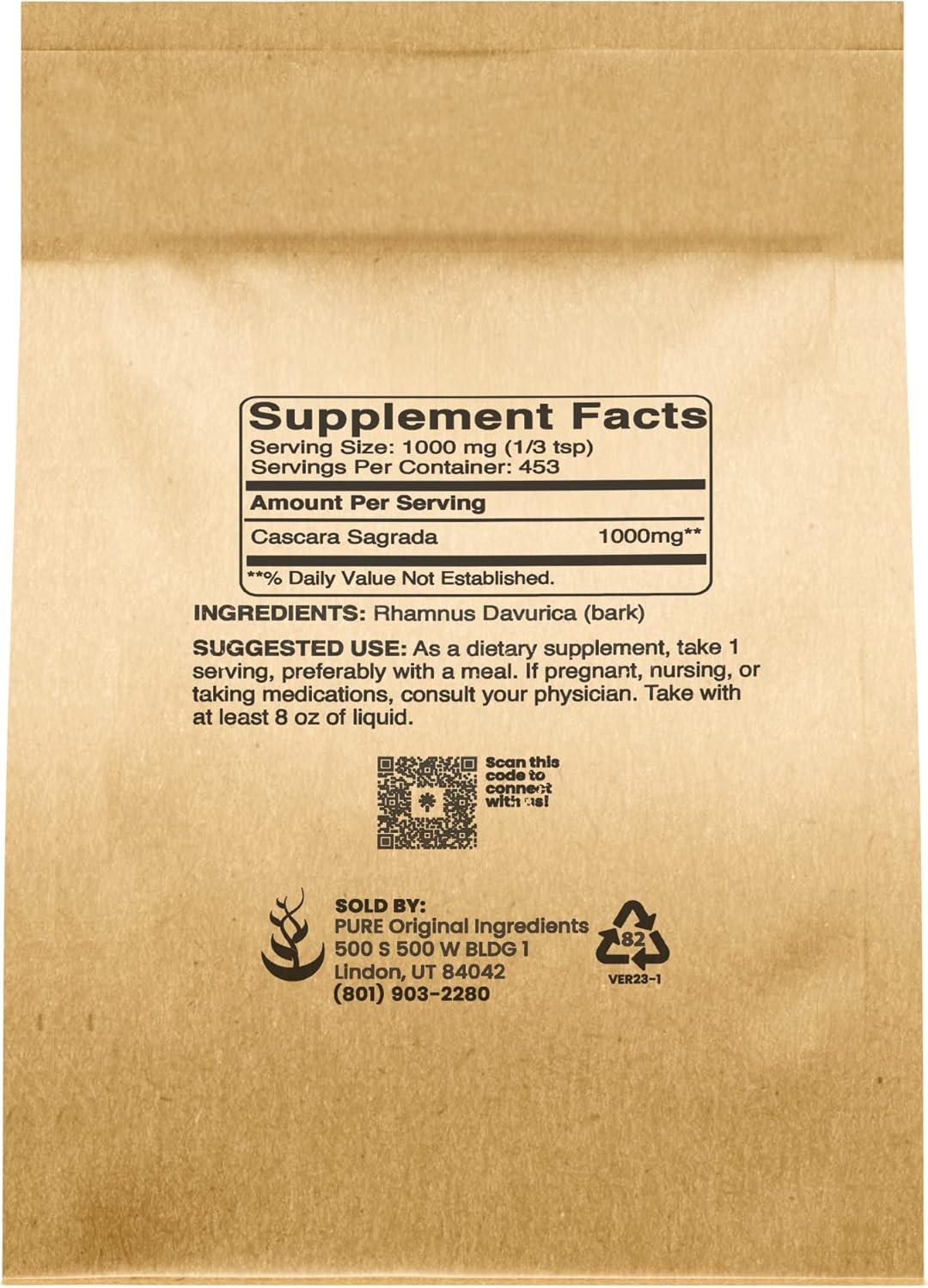 Pure Original Ingredients Cascara Sagrada (1lb) Sin OMG y sin gluten, glucósidos