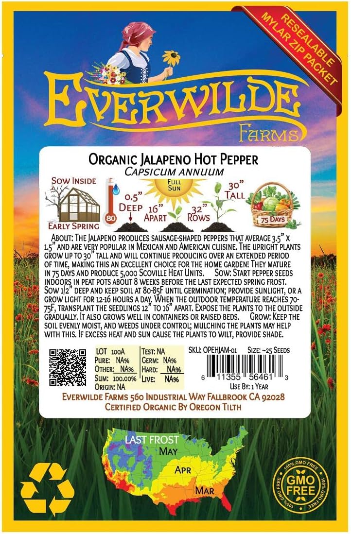 Everwilde Farms – 25 semillas de pimiento picante de jalapeño orgánico – Paquete Gold Vault