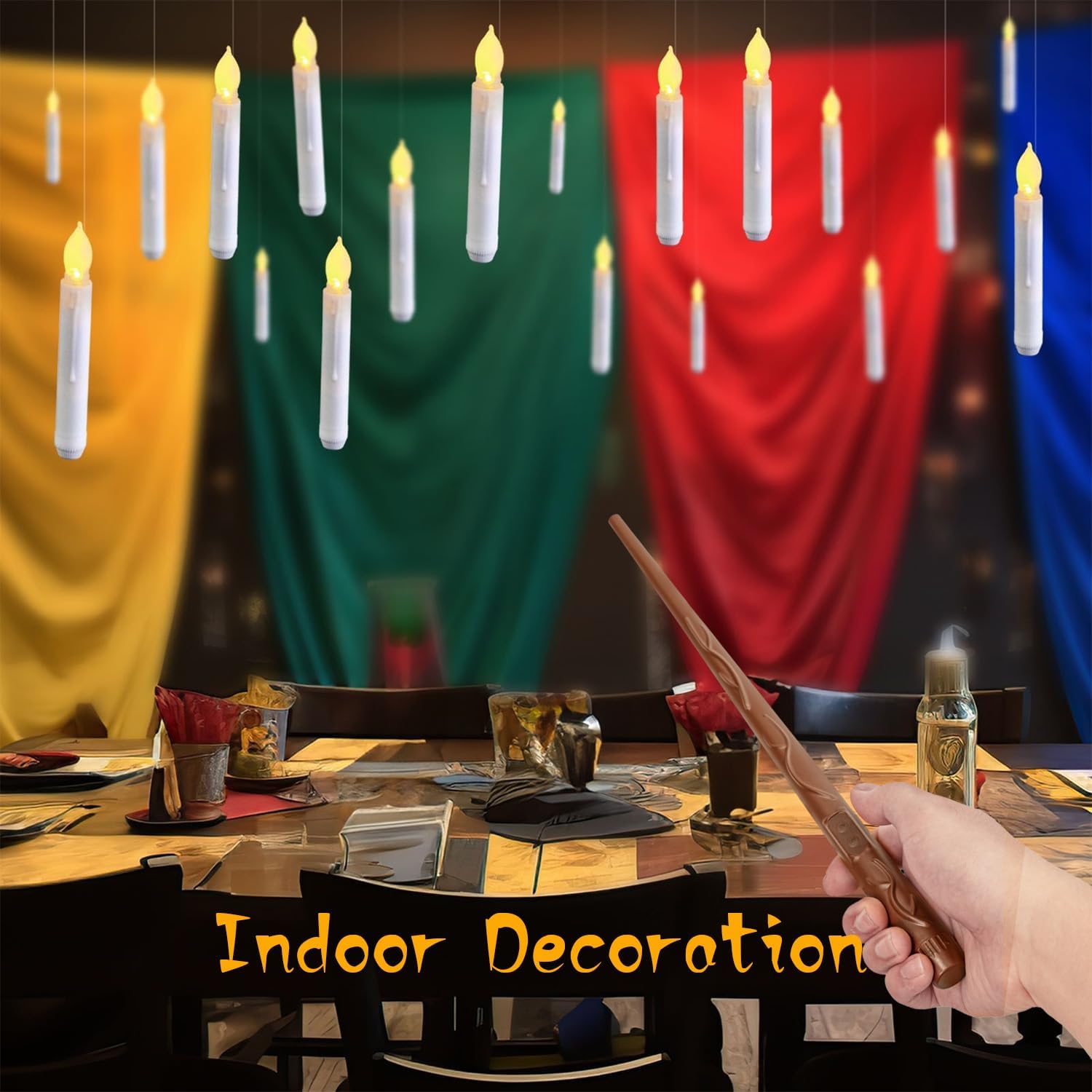 Velas flotantes con varita, 12 velas mágicas colgantes sin llama, luz cálida parpadeante LED con control remoto de varita, juego de velas de ventana