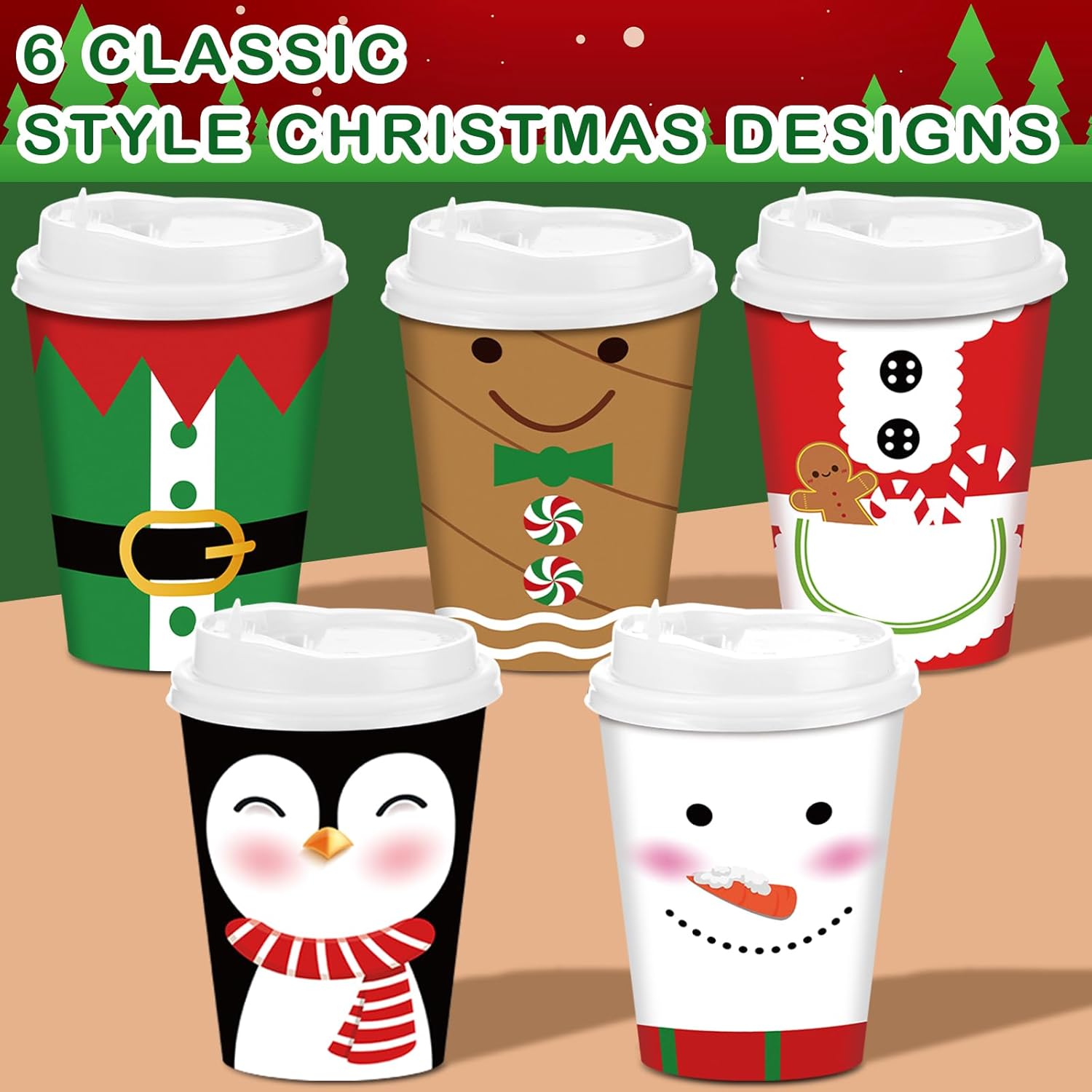 Gerrii Juego de 100 vasos de papel de Navidad desechables de 12 onzas con tapas, tazas de chocolate caliente, tazas de café, tazas calientes de