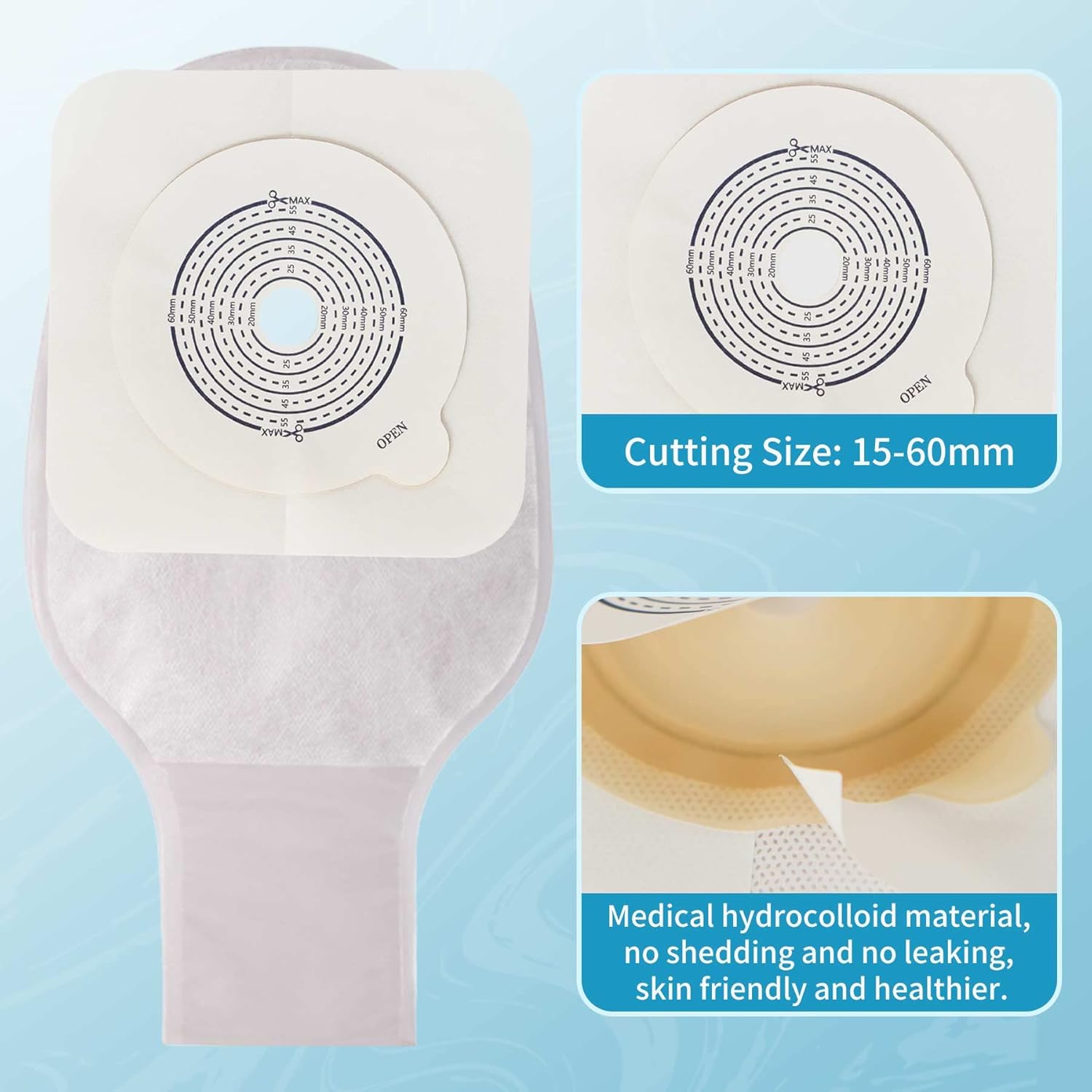 21 bolsas de ostomía, suministros de ostomía, bolsa de ostomía drenable de dos piezas para el cuidado del estoma de ileostomía, cortada a medida (15