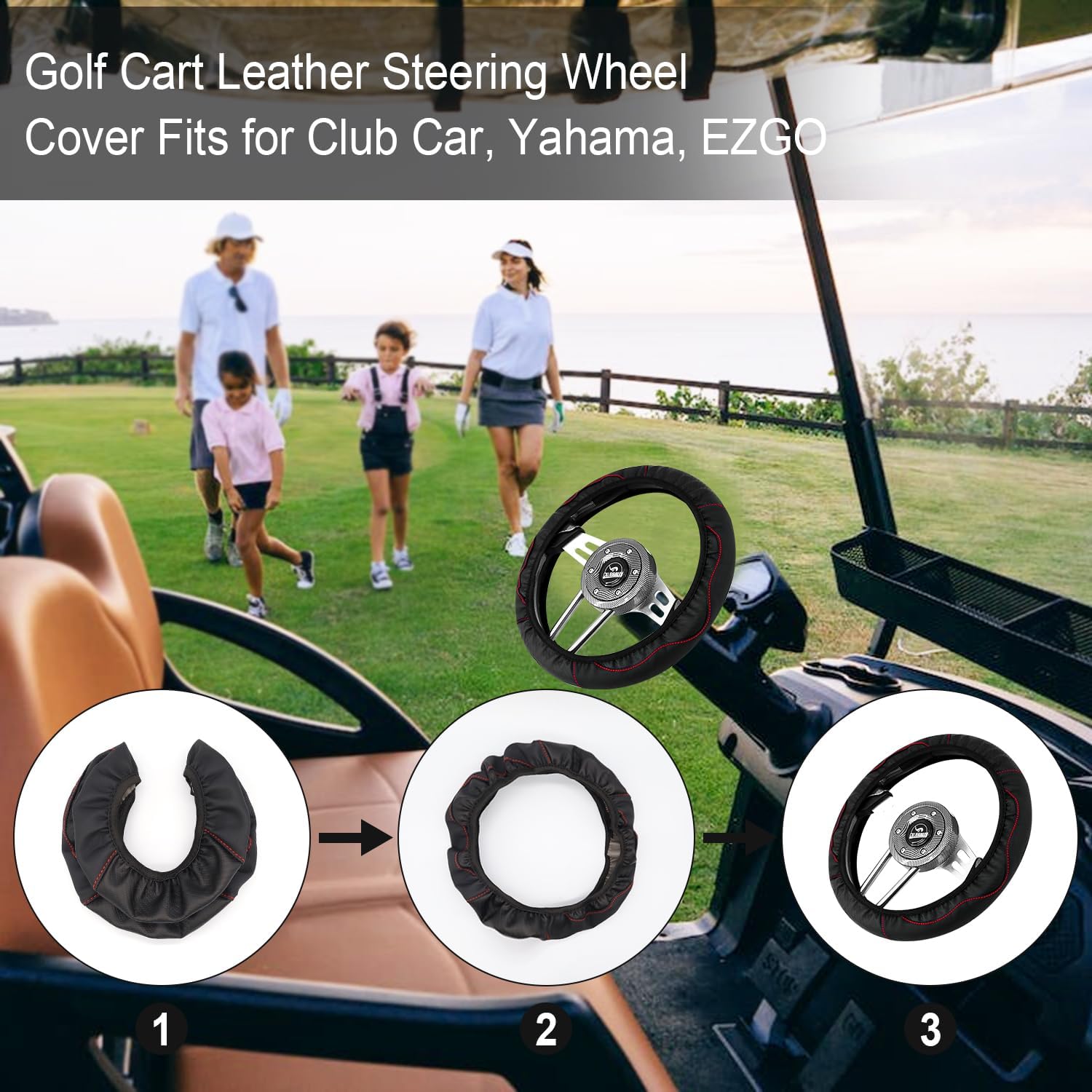 Funda universal para volante de carrito de golf, funda de cuero antideslizante de 15 pulgadas para auto club, Yahama, EZGO (negro)