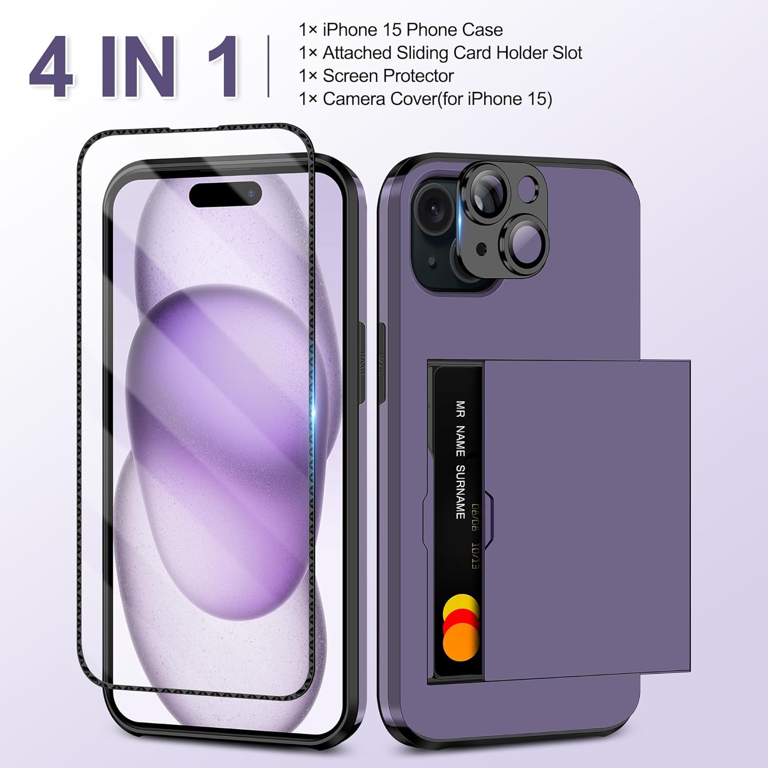 SAMONPOW Funda tipo cartera 4 en 1 para iPhone 15 con protector de pantalla y funda para cámara, funda híbrida de cuerpo completo para iPhone 15 con