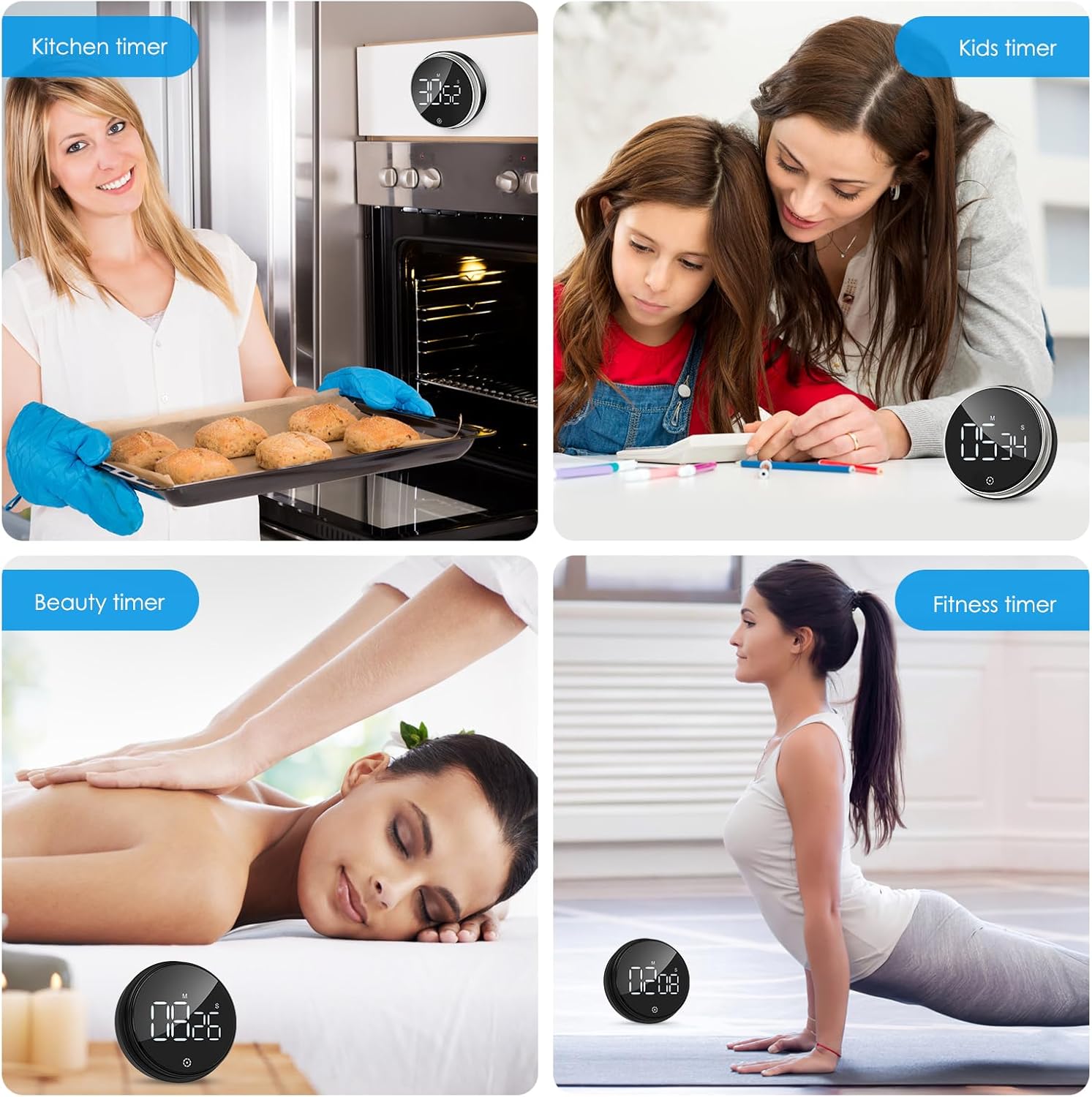 AMIR Temporizadores digitales de cocina, temporizador magnético para cocinar, temporizadores visuales alimentados con batería con pantalla LED