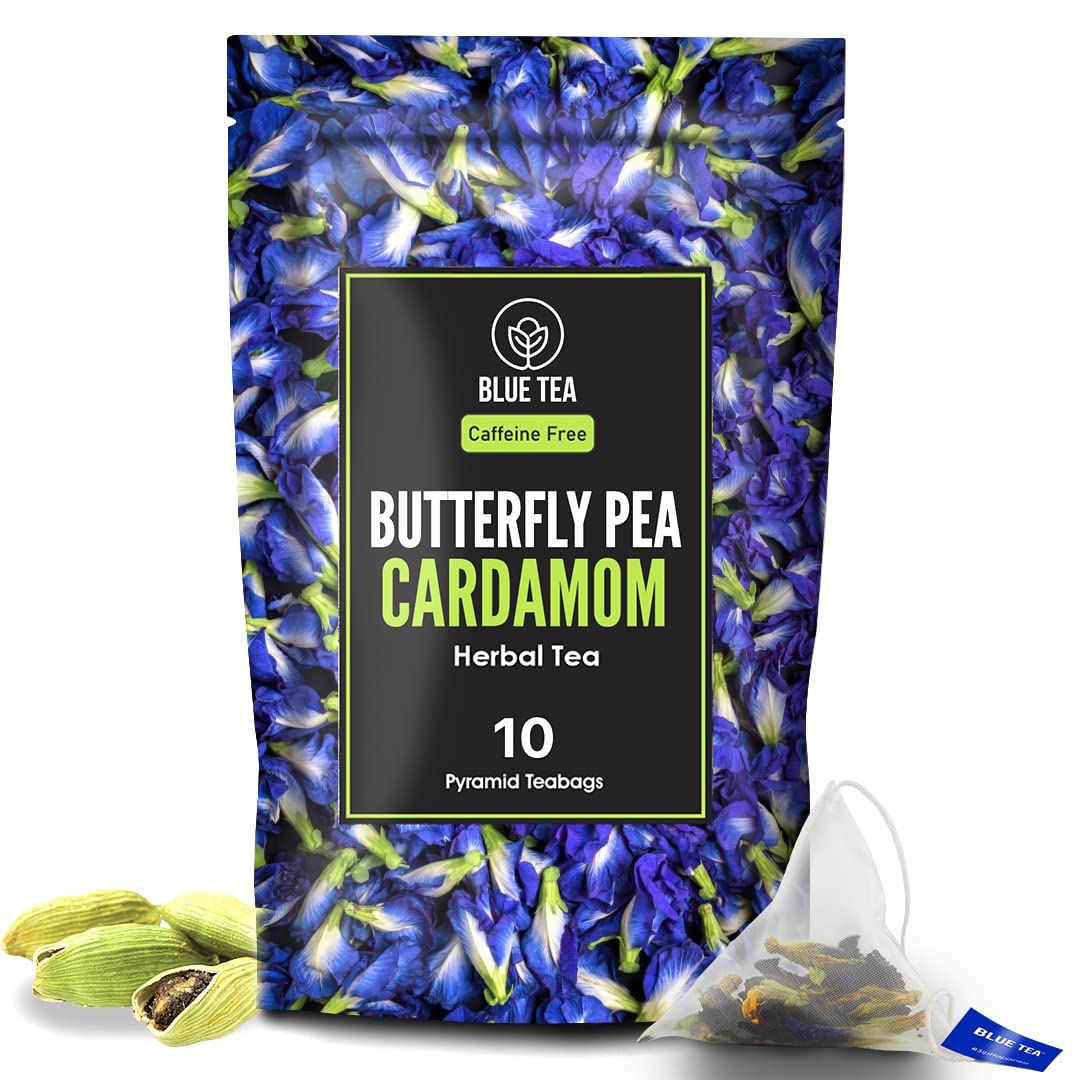 BLUE TEA – Té de hierbas de cardamomo de flor de guisante de mariposa – 10 bolsas de té  Té desintoxicante  Colorante natural de alimentos, té