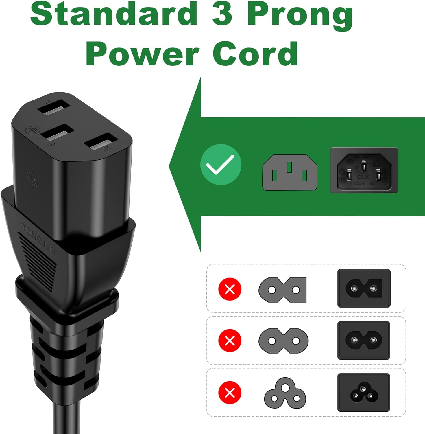 Cable de alimentación de repuesto para computadora de 10 pies (paquete de 1), cable de alimentación de CA de 3 clavijas, NEMA 5-15P a IEC13, 18 AWG,