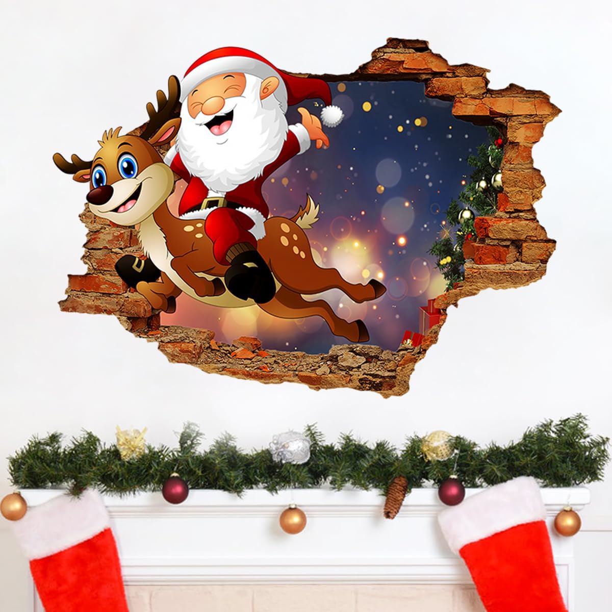 GGBOY Calcomanías de pared de Navidad 3D, calcomanías de pared de Navidad de renos de Papá Noel, removibles, calcomanías de pared de Navidad para