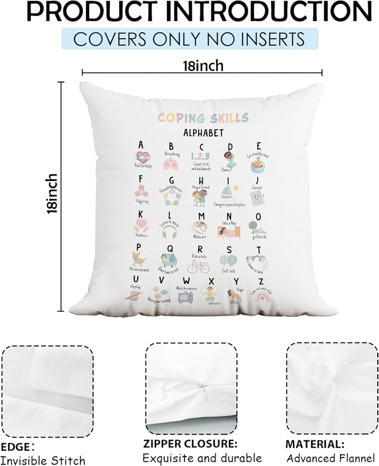 Coping Skills ABC – Fundas de almohada de 18 x 18 pulgadas, decoración de salud mental, fundas de almohada de oficina de asesoramiento, decoración
