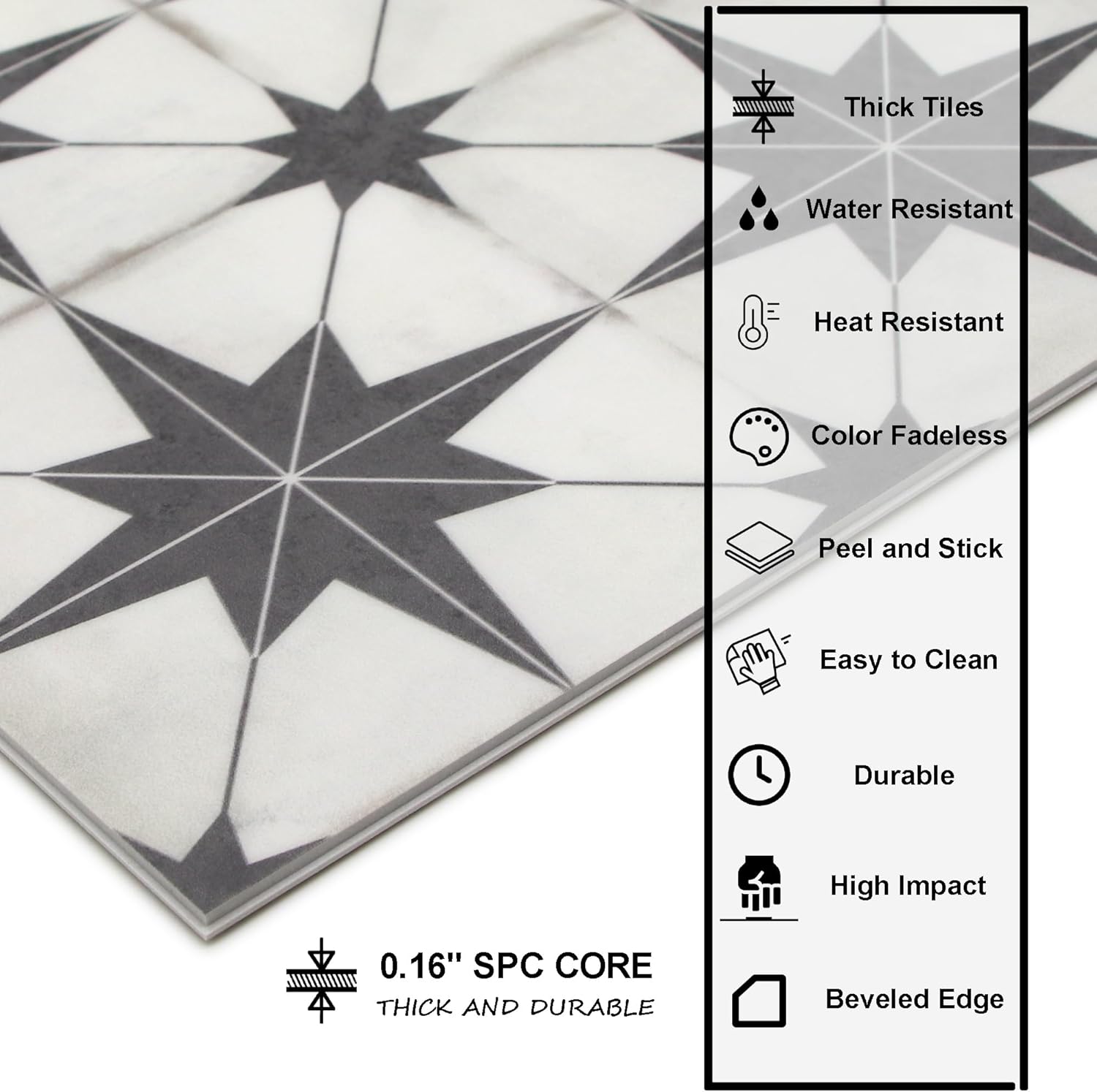 Azulejo de suelo y pared para baño y cocina. Azulejo autoadhesivo de vinilo SPC. Azulejo de salpicaduras de lechada con patrón encáustico de