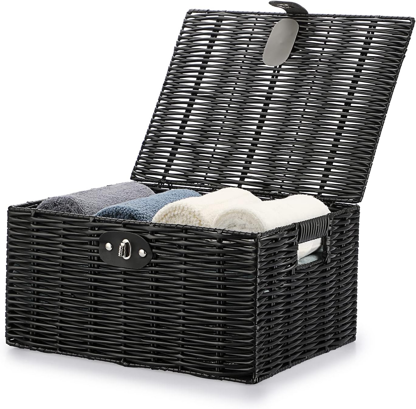 Hipiwe Cajas de almacenamiento decorativas con tapas y cerradura, cesta tejida negra, asas de transporte integradas, cesta de plástico con tapa,