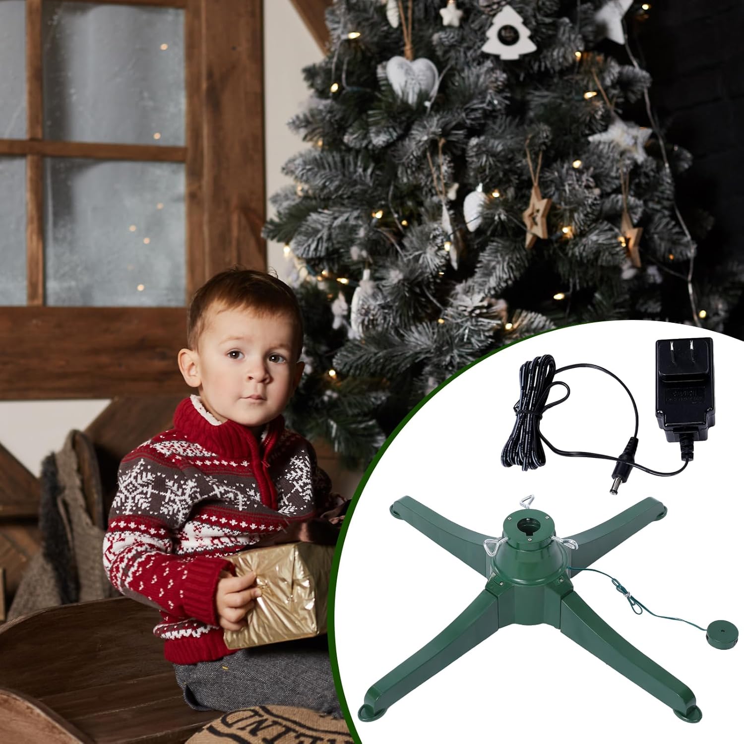Xuhal Soporte giratorio para árbol de Navidad de 360 grados, soporte giratorio para árbol de Navidad, base de árbol de Navidad verde con adaptador